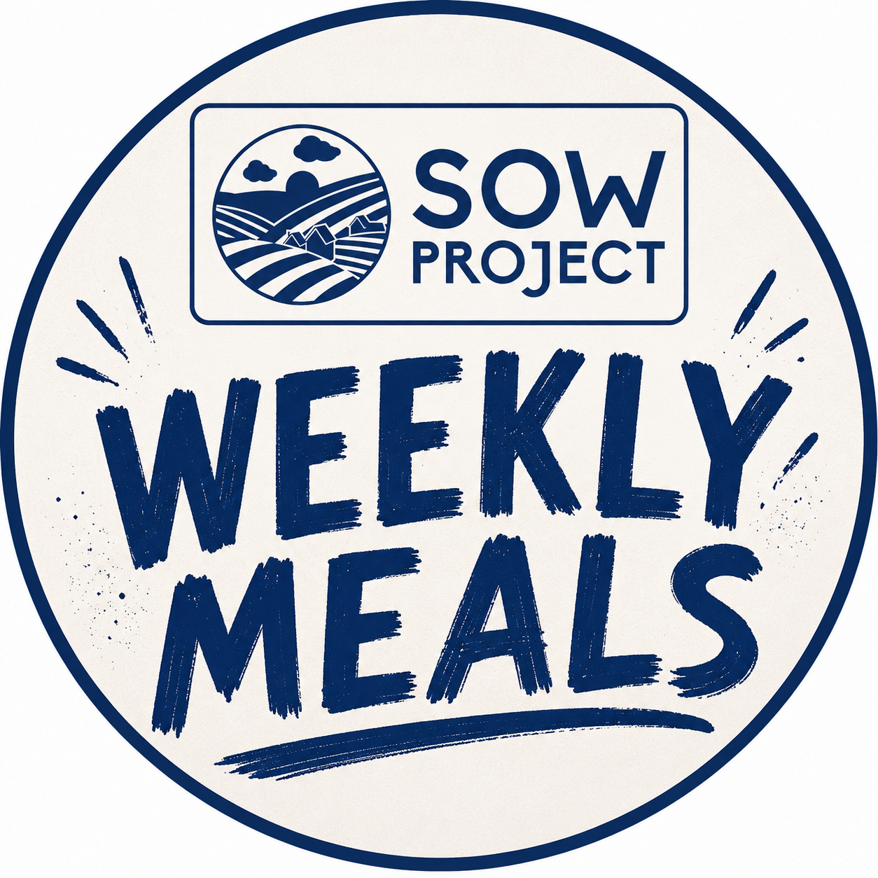 A circular logo with the SOW Project logo at the top and the words "Weekly Meals" in bold, blue, handwritten style font in the center, surrounded by dynamic dash and splash marks.