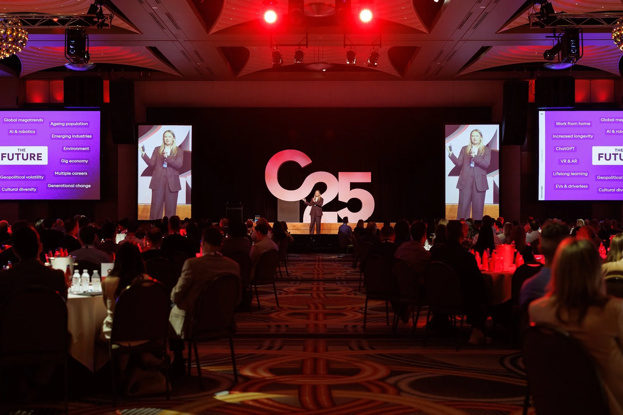 Ashley Fell delivering a keynote on future social trends and the future consumer to a packed audience at a Leadership Summit.