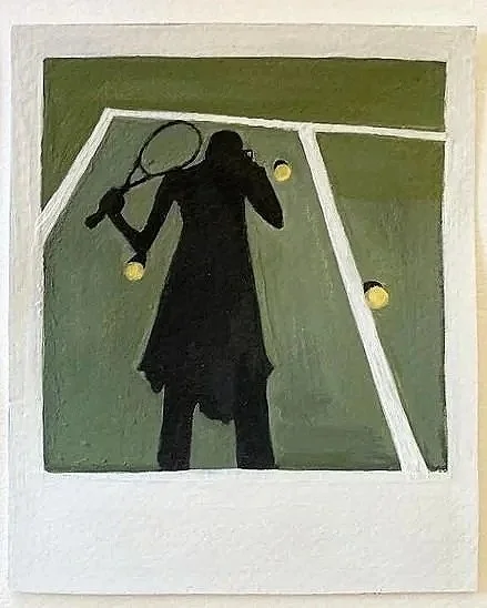 A watercolor of a polaroid of a woman's shadow as she holds a tennis racket on a tennis court.