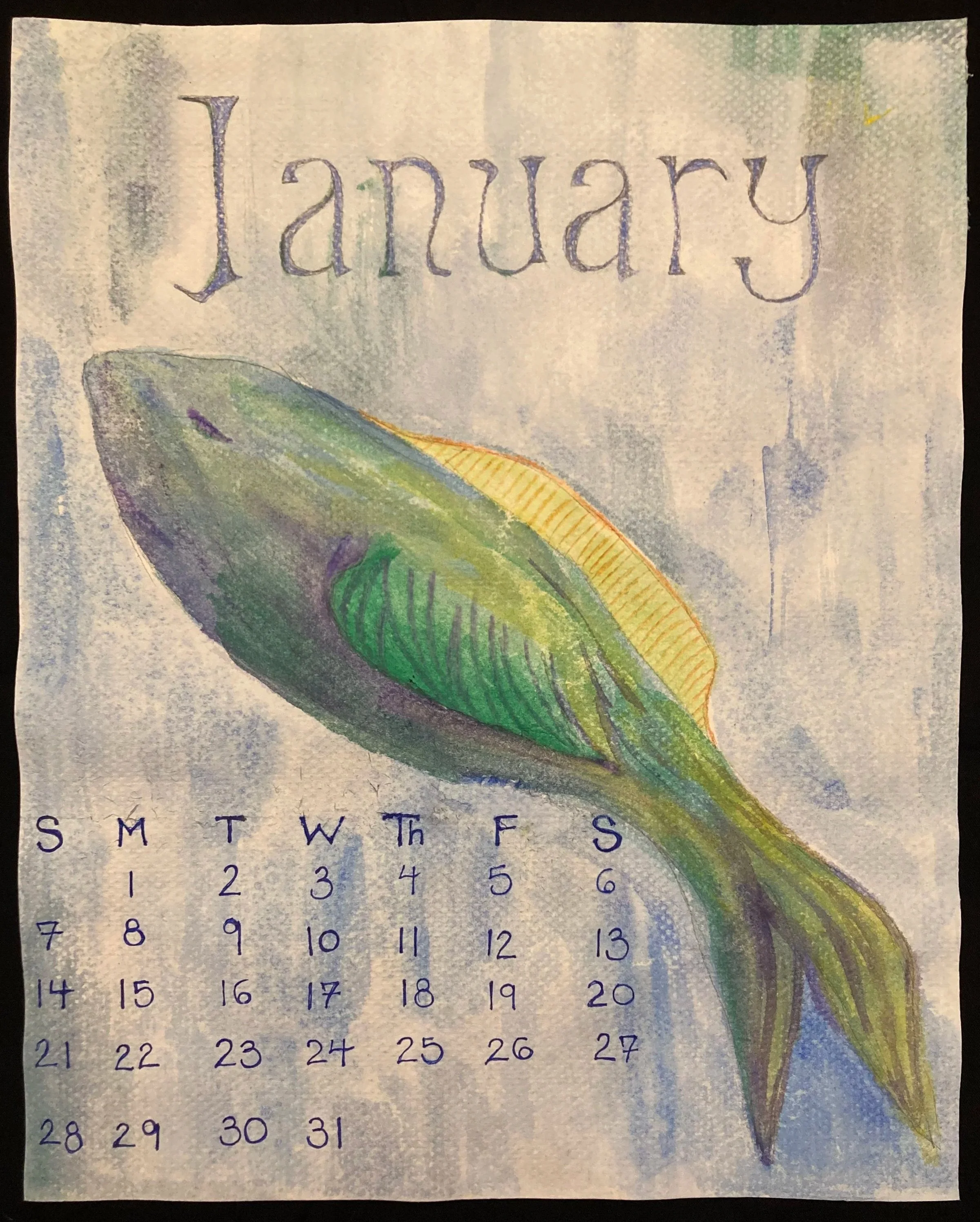 A watercolor calendar page for January featuring a green fish, with the days of the week and dates listed below.