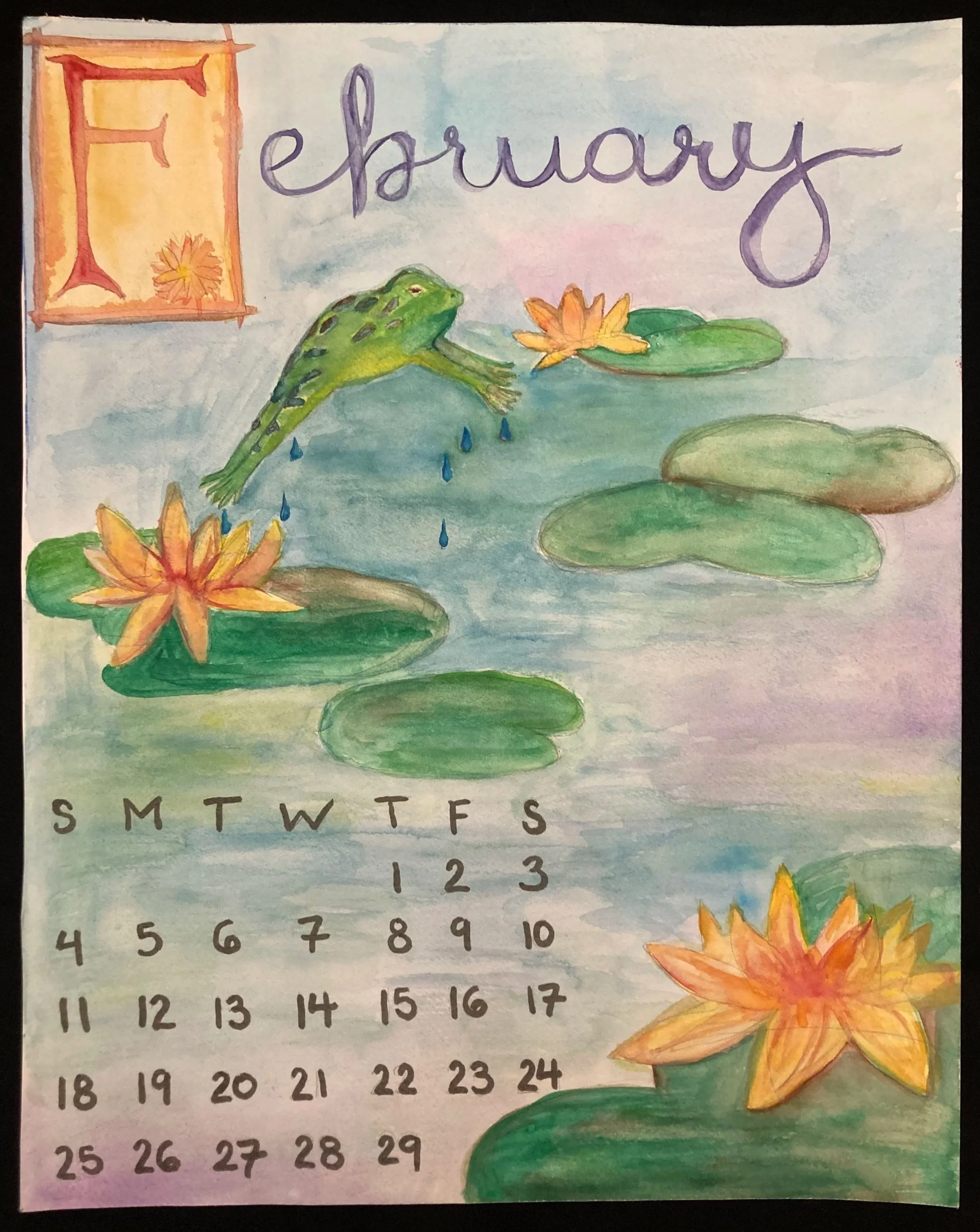 A watercolor calendar page for February featuring a frog on lily pads and water lilies on a pond, with purple text at the top spelling 'February'.