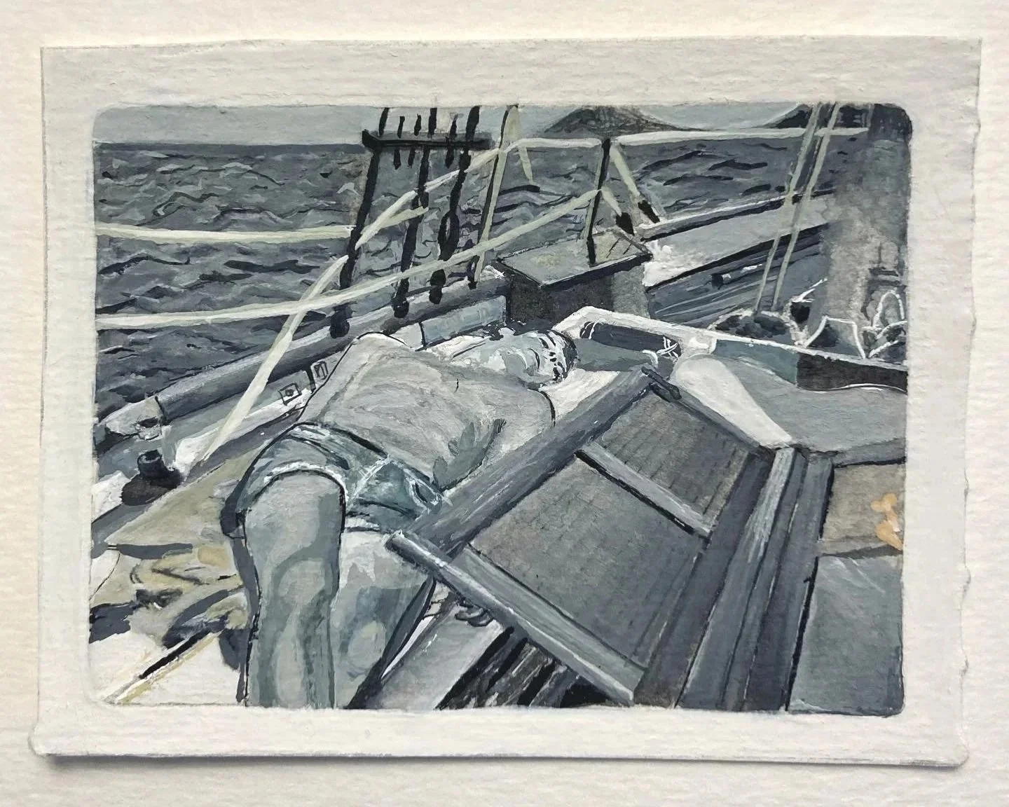 A watercolor of a man sunbathing on the deck of a sailboat.