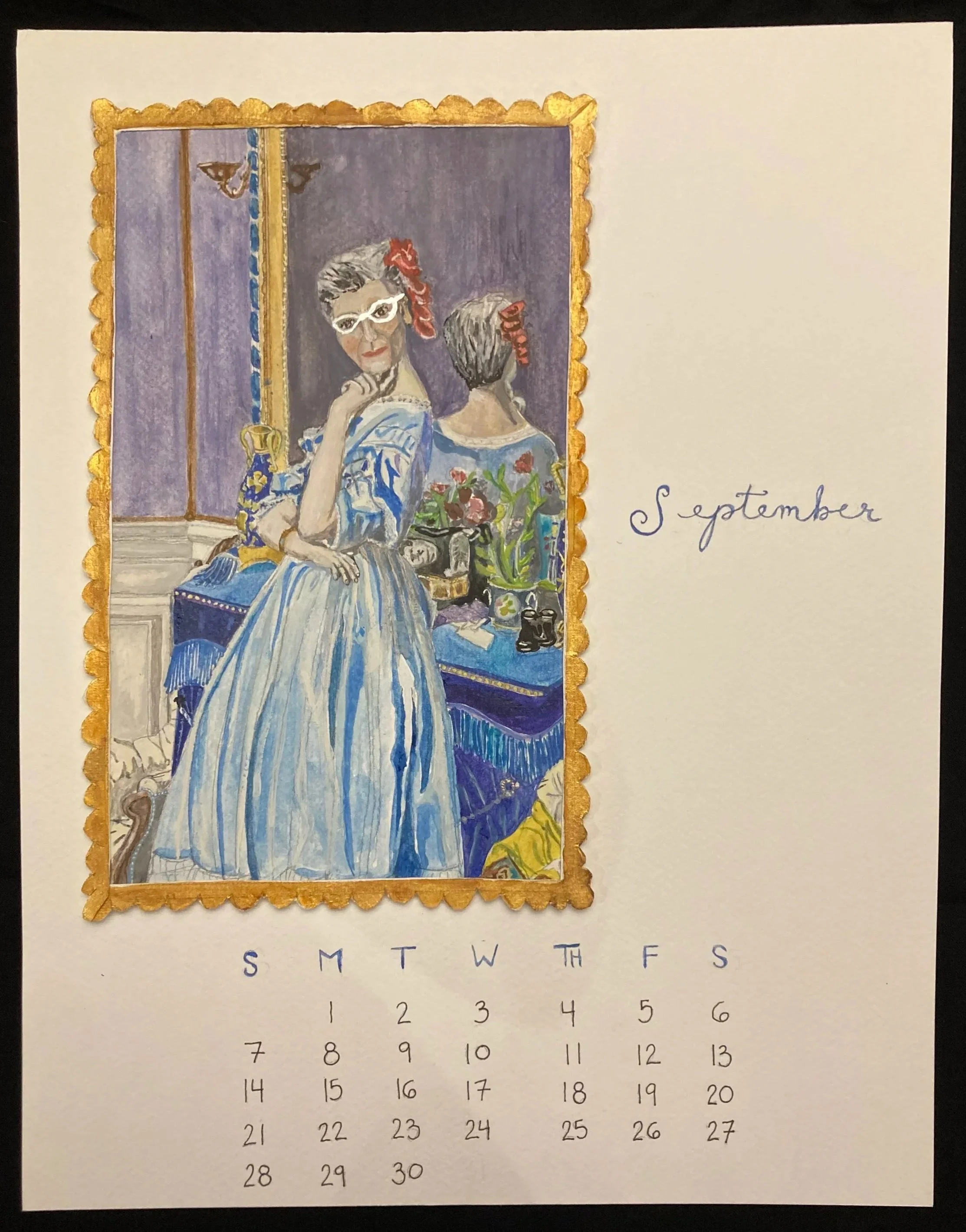 A calendar page for September featuring an illustration of a beautiful woman in a striped blue and white dress with red hair ribbons, standing near a mirror with a reflection and a tabletop with flowers and other items in a vintage style.