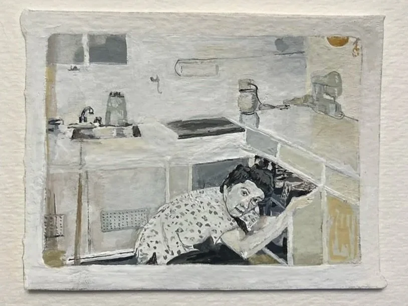 A watercolor of a photograph of a woman crouching in a kitchen, reaching into an open cabinet.