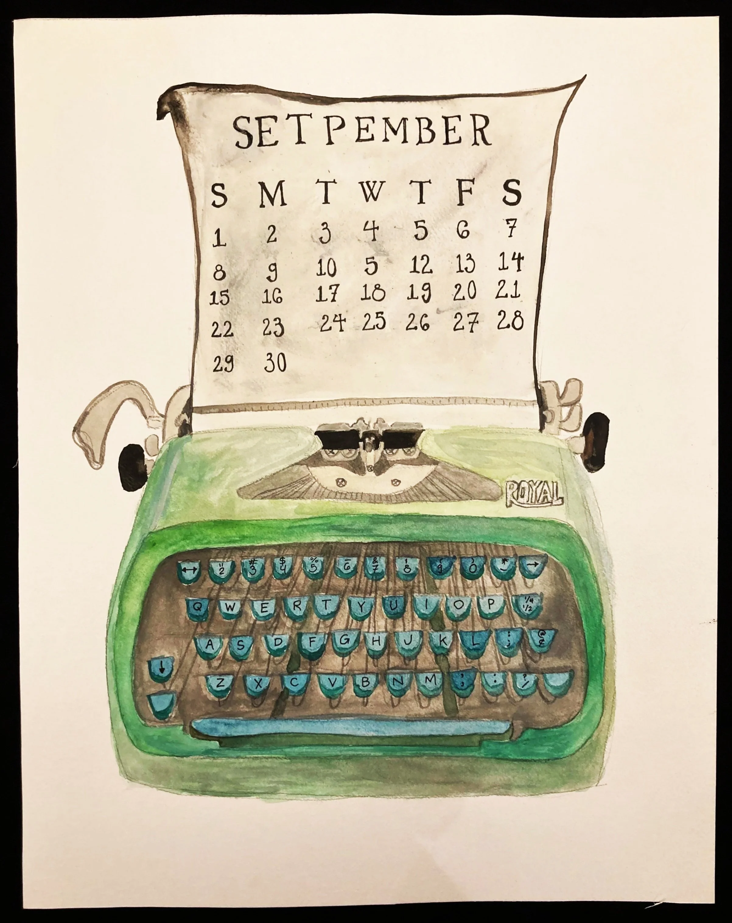 Hand-drawn illustration of a vintage Royal typewriter with a calendar for September on the paper roll.