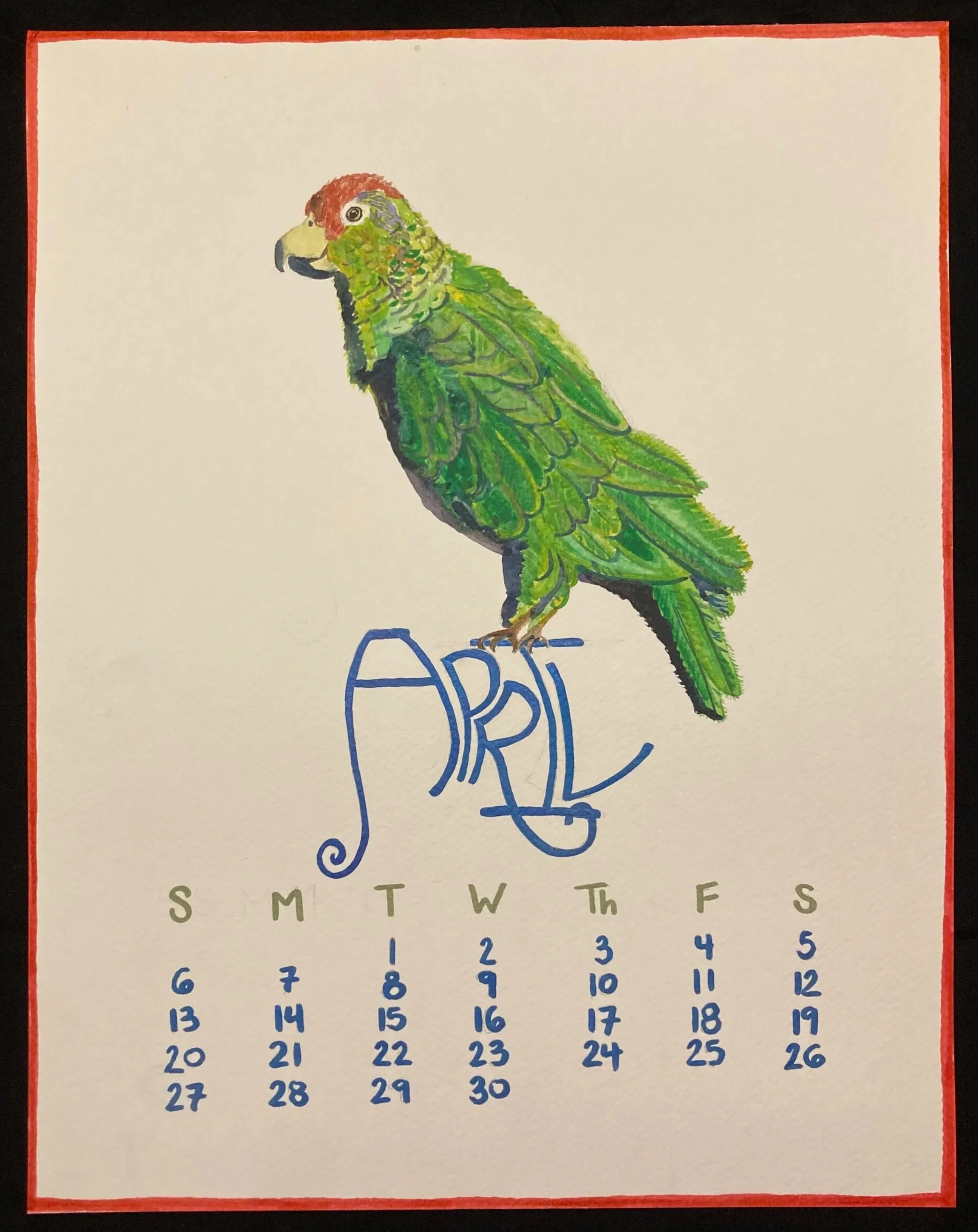 Calendar page for April featuring a colorful illustration of a parrot.