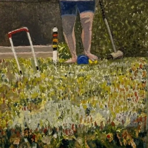 Watercolor of a person standing on lawn with croquet equipment.