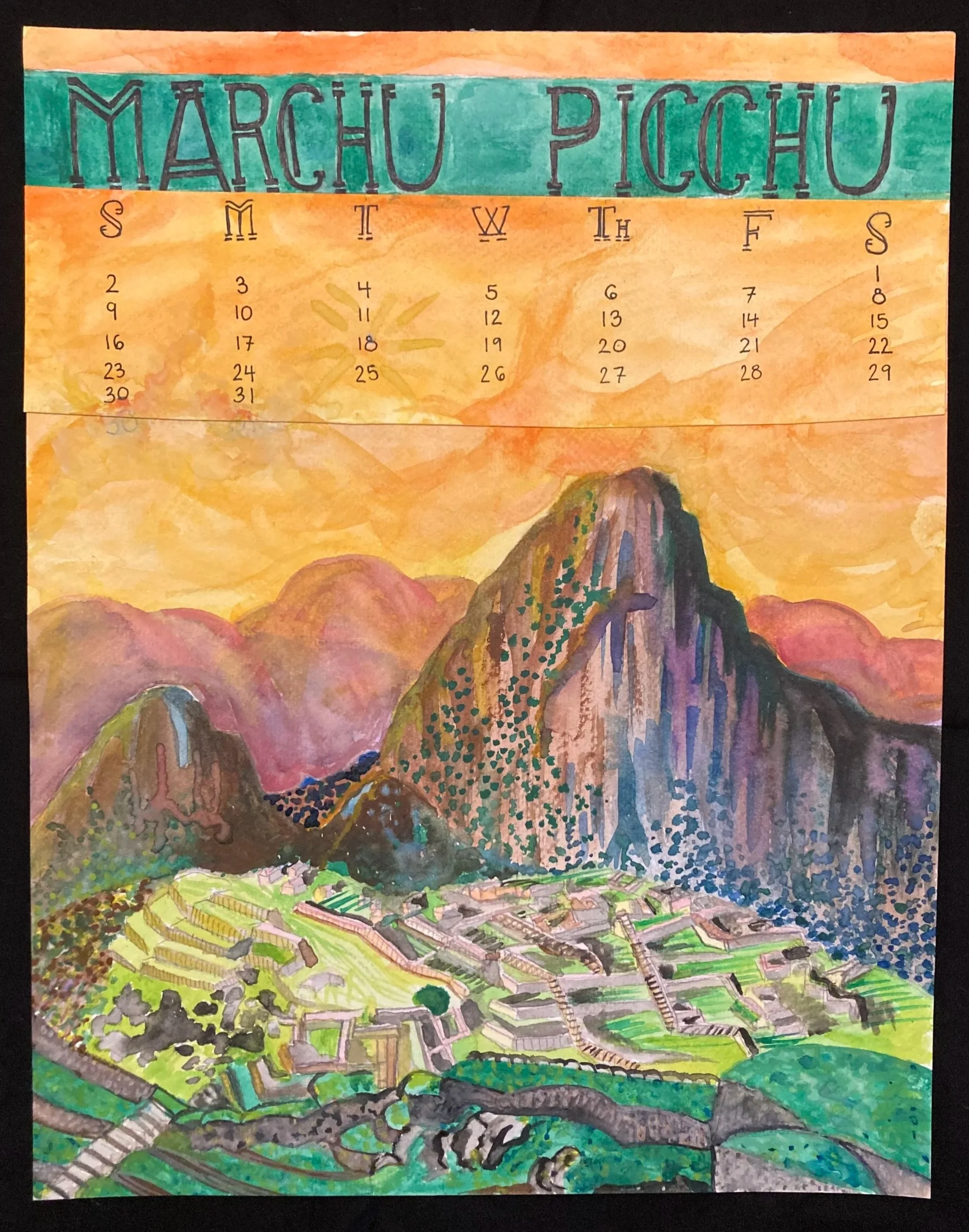 Watercolor March calendar depicting Machu Picchu in Peru, with mountains and terraced fields.