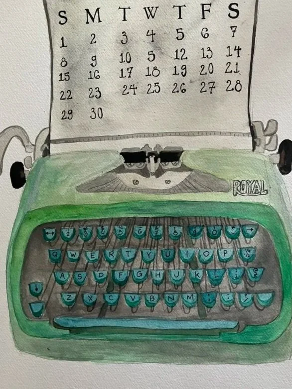 A colorful illustration of a vintage Royal typewriter with a September calendar page above it, showing days and dates for a month.