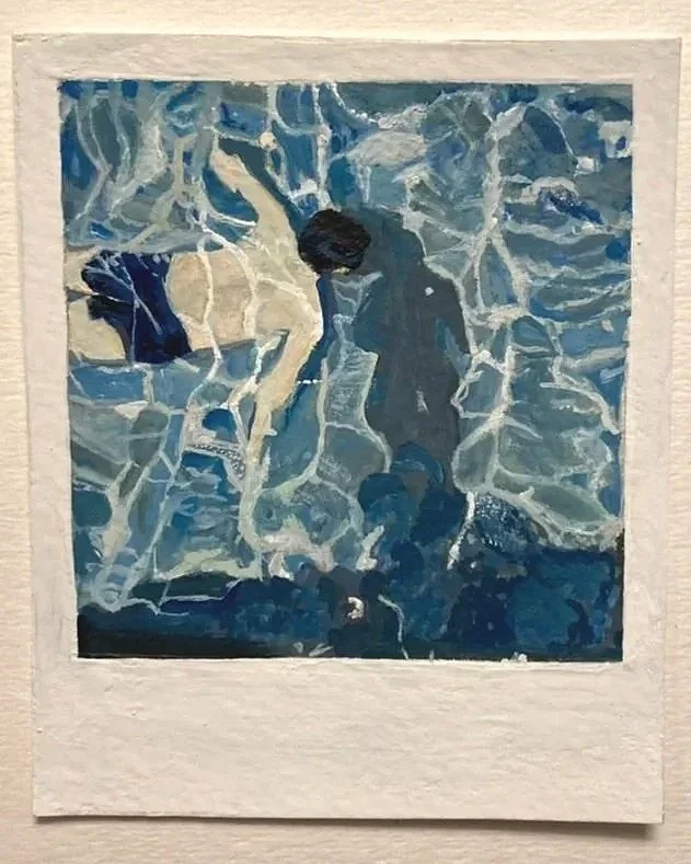 A watercolor of a polaroid of a man swimming through a pool, with the photographer's shadow on the water.