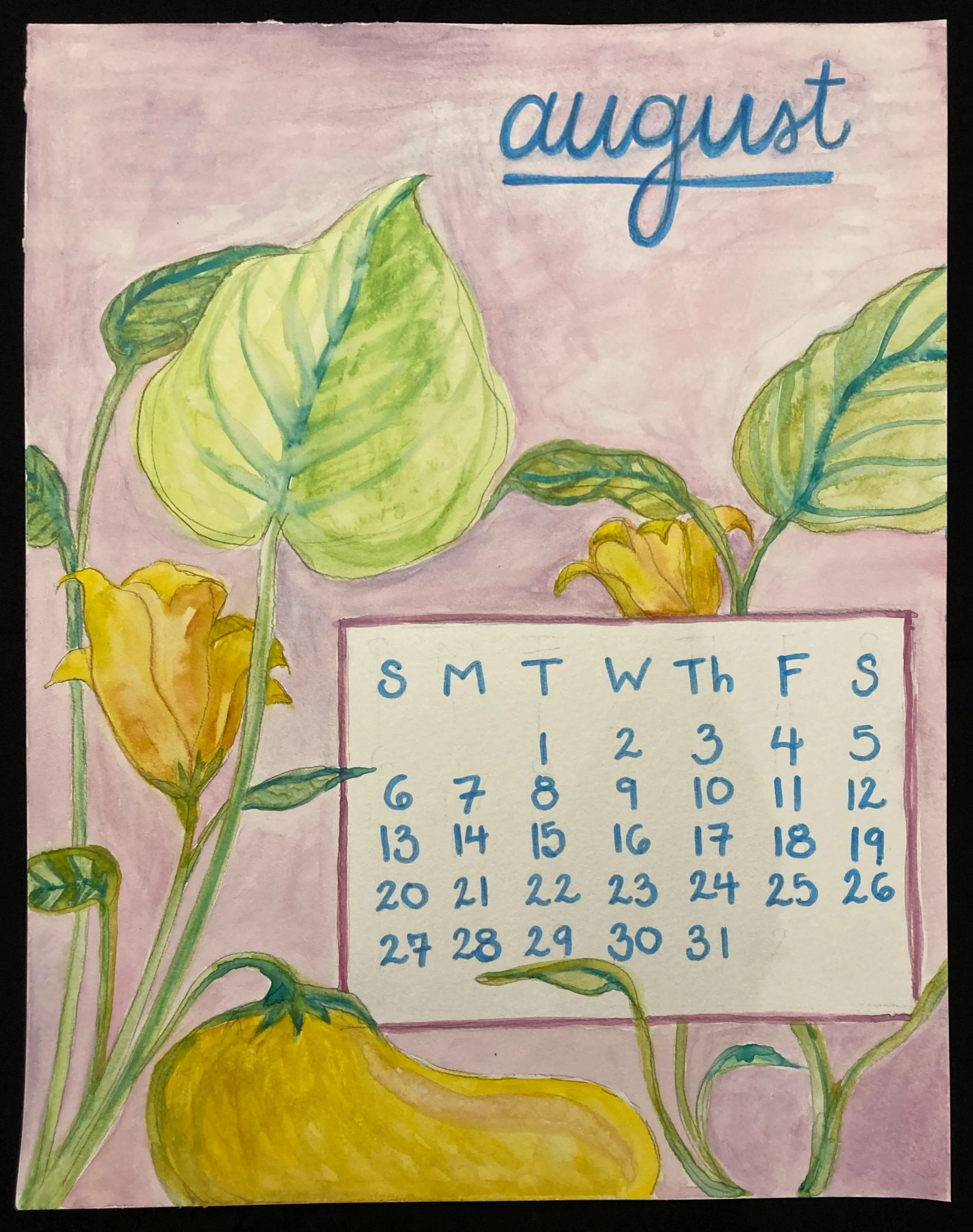 A watercolor illustration of a calendar for August with large green leaves and yellow squash blossoms surrounding it on a pink background.