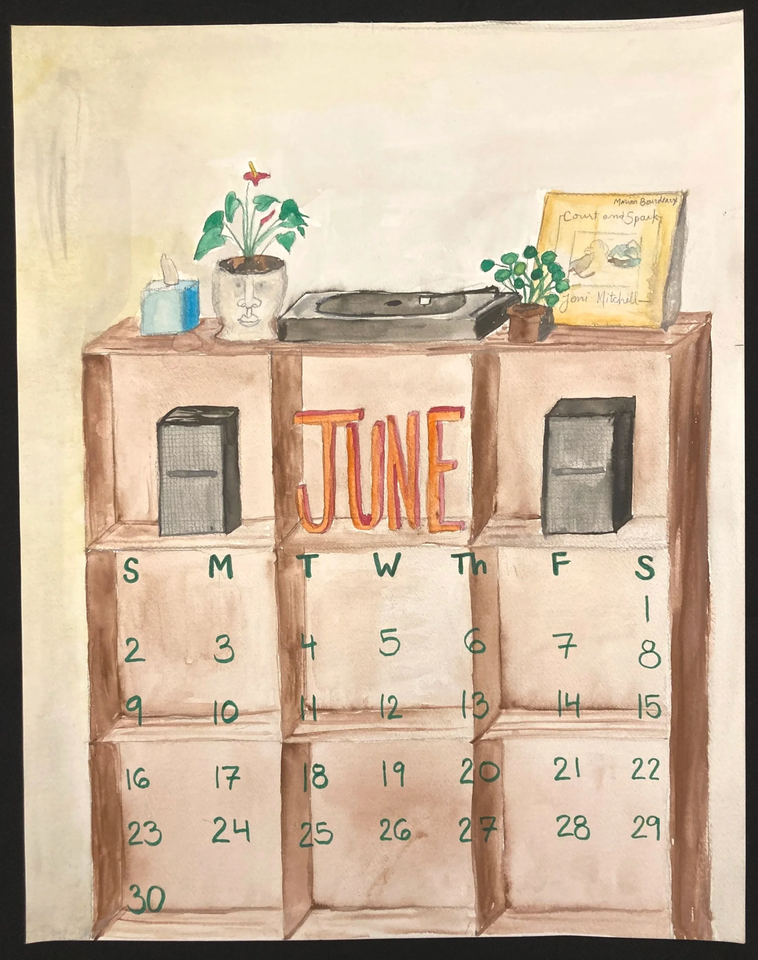 A watercolor calendar for June featuring a bookshelf with plants, a speaker, a record player, and a Joni Mitchell album on top.