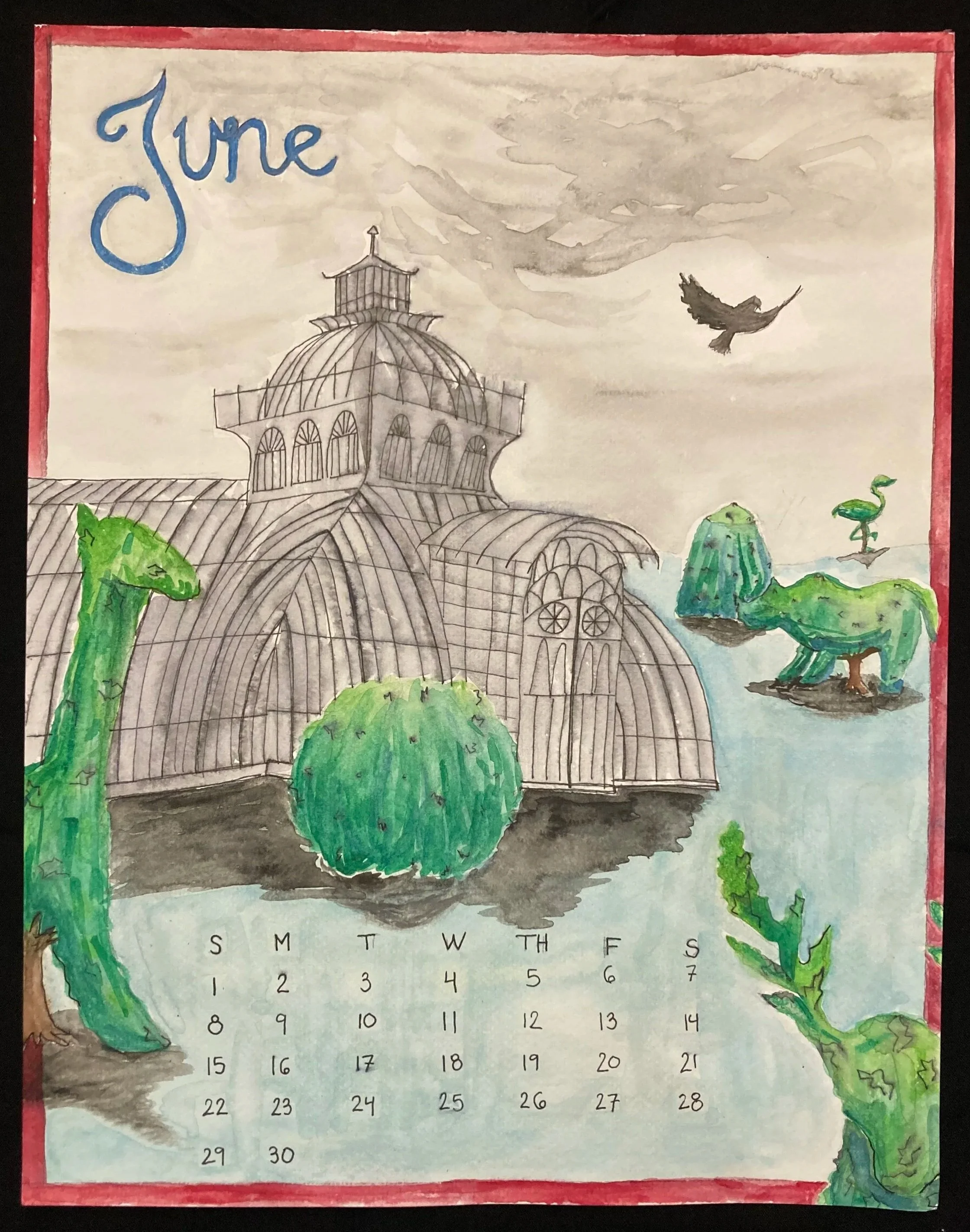 A  watercolor calendar page for June featuring a large conservatory, surrounded by topiary animal sculptures, including a giraffe, rhinoceros, and flamingo, with a cloudy sky in the background.