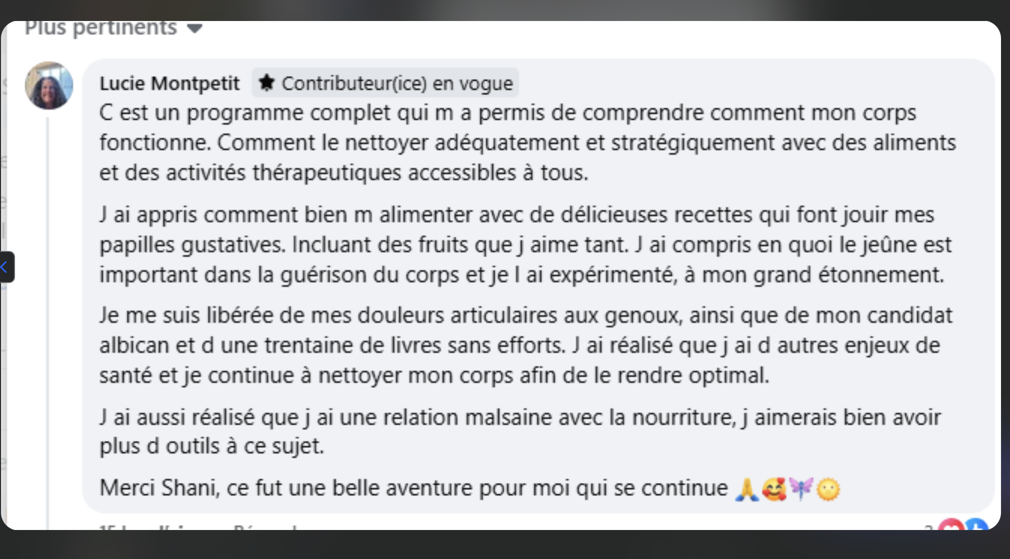 Capture d'écran d'une conversation sur un réseau social avec un message en français parlant d'un programme de santé, d'alimentation, de bien-être et d'expériences personnelles.