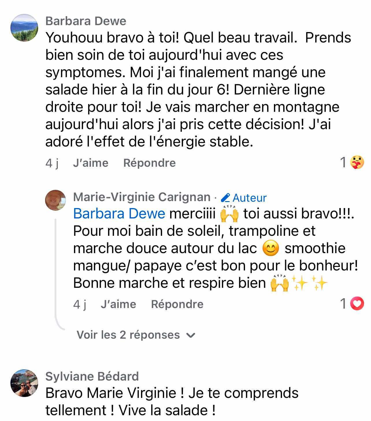 Capture d'écran d'une conversation Facebook en français, où plusieurs personnes commentent sur leur santé et leurs activités de marche, avec des emojis de salutations, de soleil, de sourire, et des expressions de félicitations.