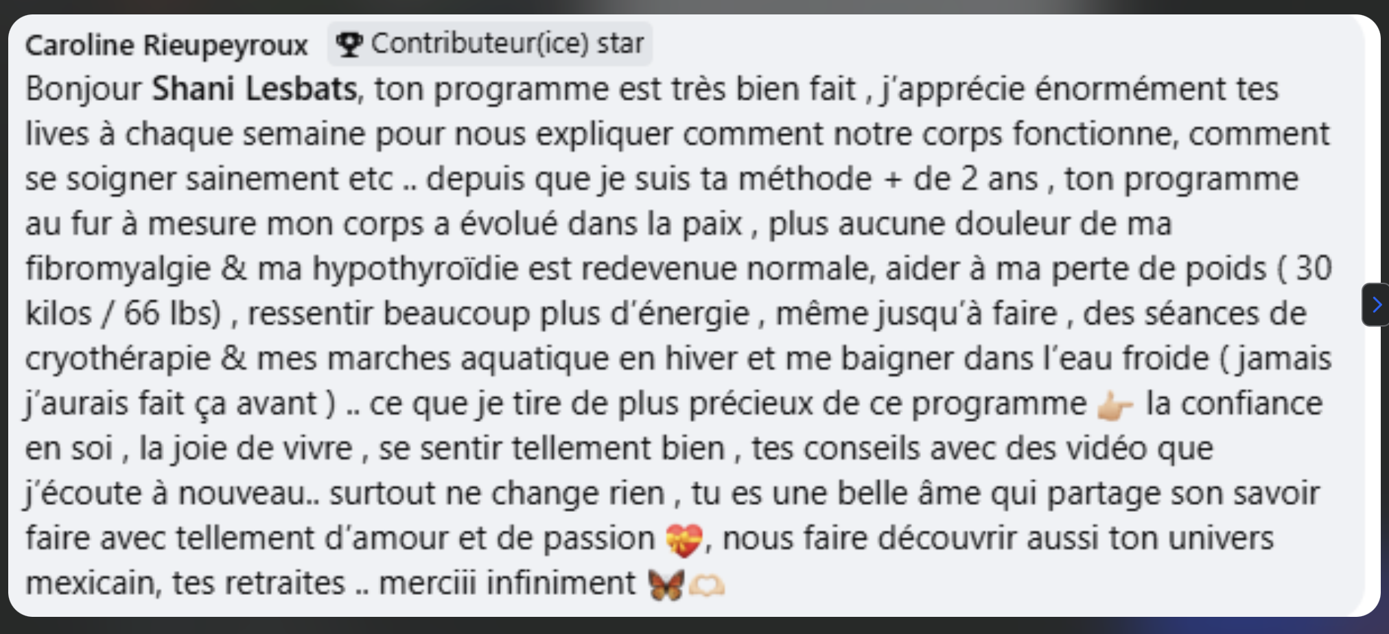 Message Facebook en français exprimant la gratitude pour un programme de santé et de bien-être, évoquant des expériences personnelles, des conseils et le partage d'amour et de passion.
