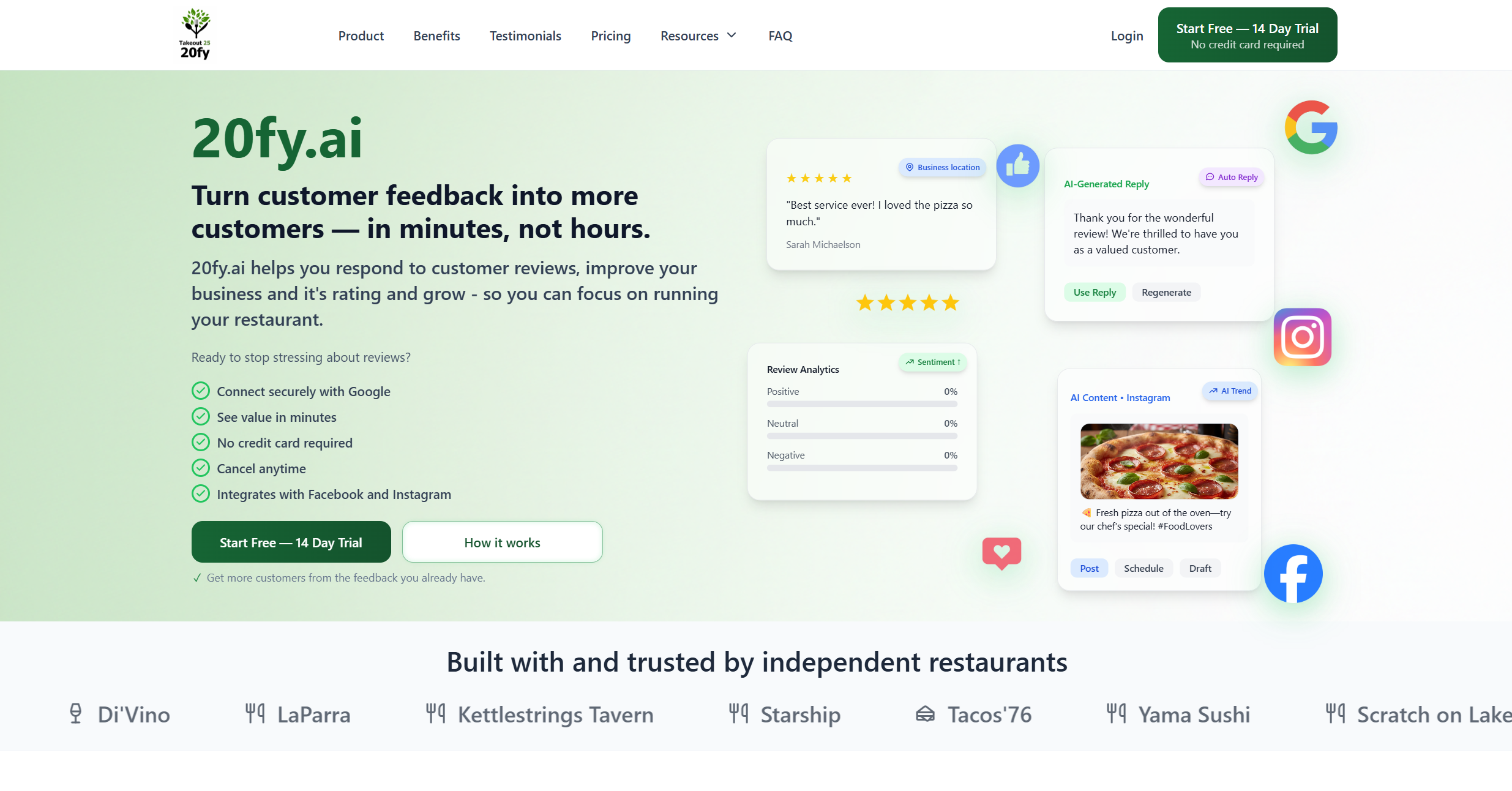 Screenshot of 20fy.ai website homepage with a green and white color scheme, featuring a green banner for a 14-day free trial, a logo of a green tree, and sections about AI-powered customer feedback management, reviews, analytics, and social media integration, along with various customer review snippets and icons.