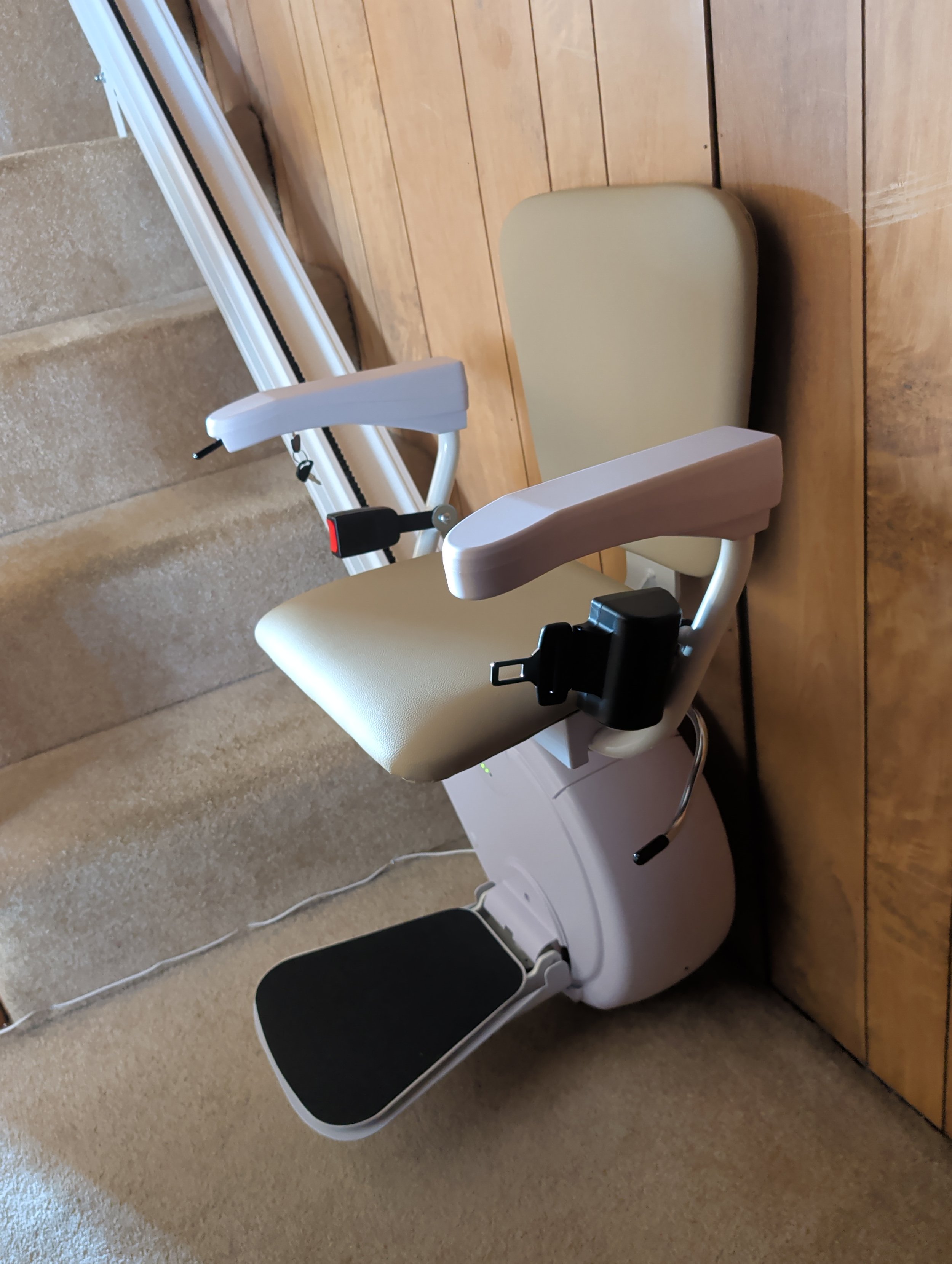 Beige Savaria K2 stairlift installation in chambersburg PA by Keystone Accessibility.