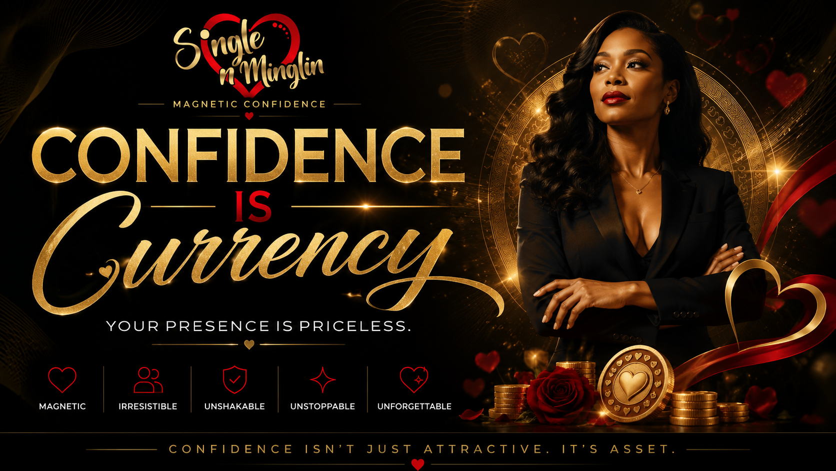 A promotional graphic featuring a confident woman with arms crossed, surrounded by gold coins, a red rose, and heart symbols. Text reads 'Single n Minglin, Magnetic Confidence, Confidence is Currency, Your Presence is Priceless,' emphasizing confidence and attractiveness.