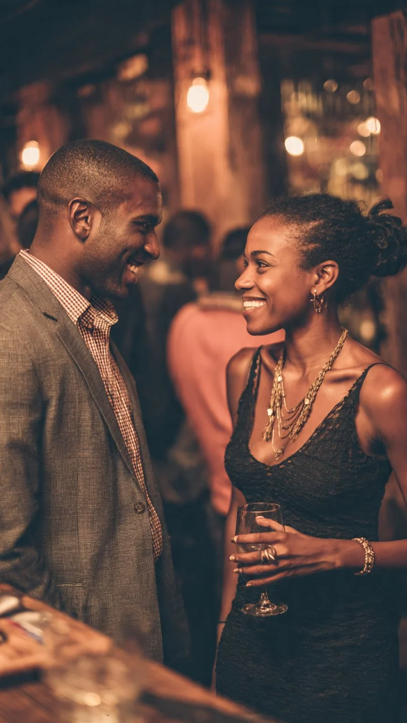 A man and woman smiling and talking at a social gathering or party, with warm lighting and blurred background.