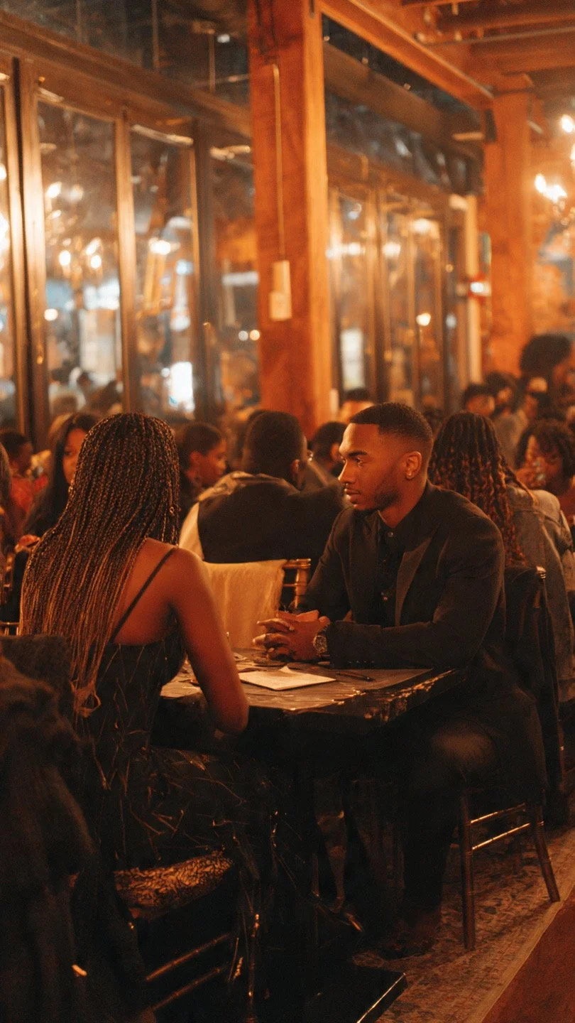 A man and woman are sitting across from each other at a table in a warmly lit restaurant or bar, engaged in conversation. The background shows other patrons and large windows with reflections, with warm wooden interior decor.