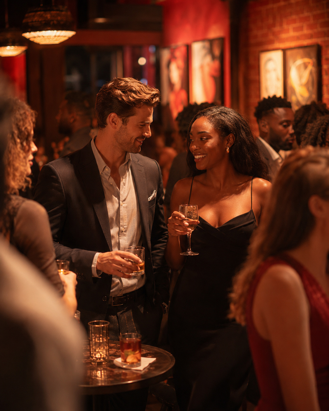 A man and woman smiling at each other while holding glasses of wine at a social gathering in a dimly lit bar or lounge.