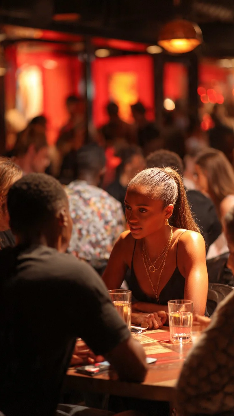A woman with a ponytail and gold jewelry is talking to a man with glasses and short hair at a bar or restaurant. They are seated at a table with drinks, and there are many other people in the background with red lighting.