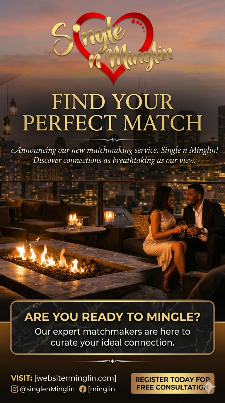 Poster for Single n Minglin matchmaking service featuring a romantic rooftop scene with a smiling couple holding glasses of wine by a fire pit at sunset.