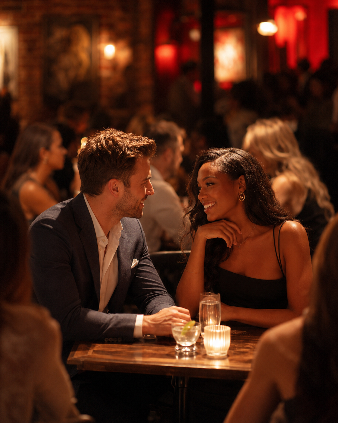 A smiling man and woman sit at a table in a dimly lit restaurant, engaging in conversation. The woman is wearing a black dress, and the man is in a suit. There are drinks and candles on the table, and other diners are visible in the background.