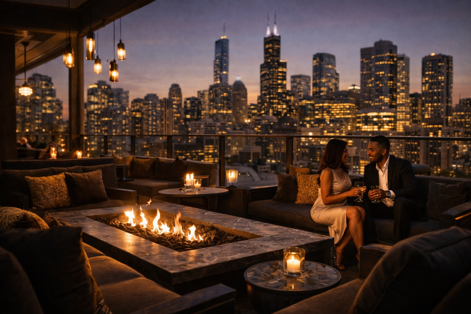 Couple enjoying drinks at an outdoor rooftop bar with city skyline at dusk, illuminated buildings, and fire feature in foreground.