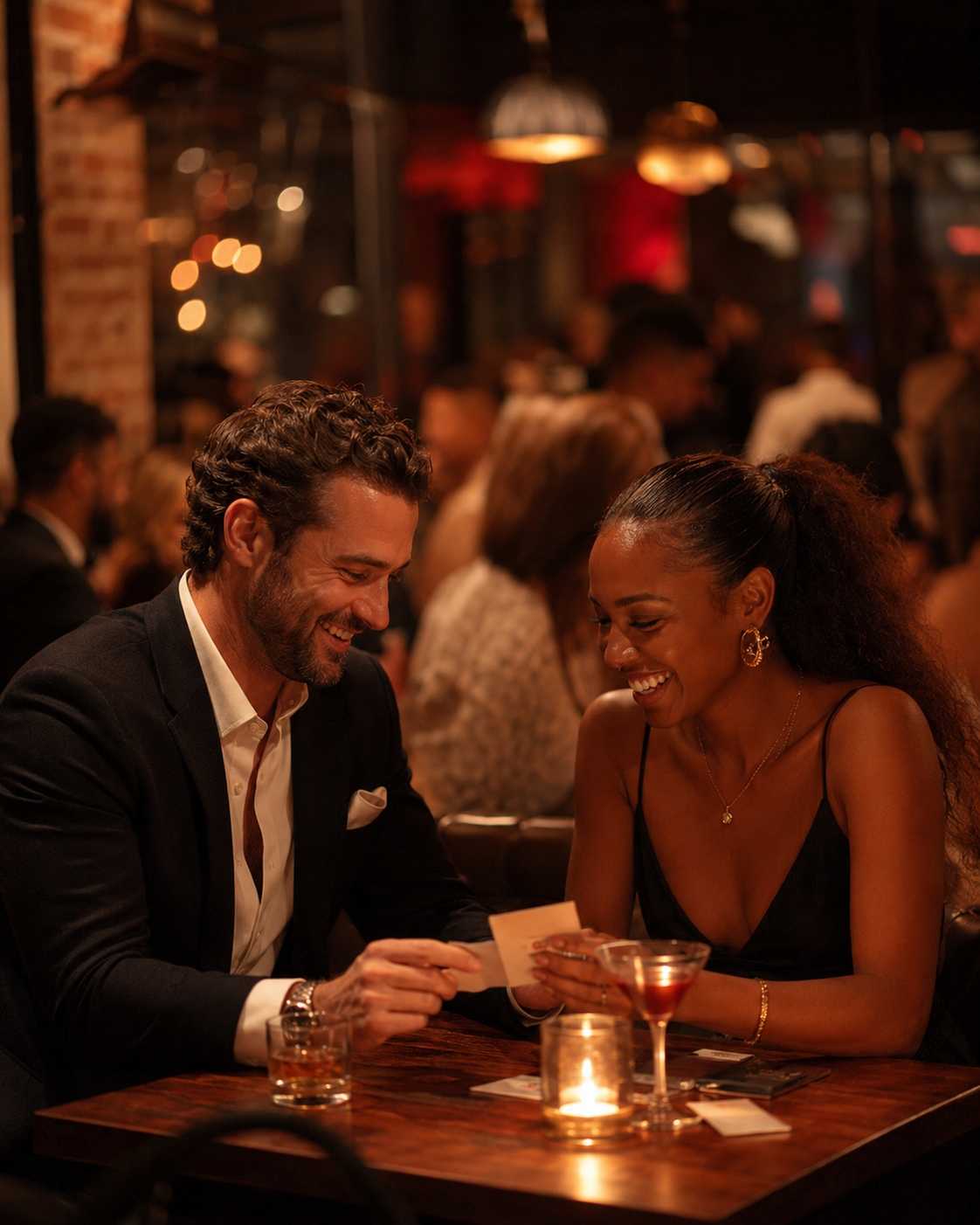 A man and woman laughing together at a restaurant or bar, looking at a photo or paper, with drinks and a candle on the table, warm lighting and a crowd in the background.