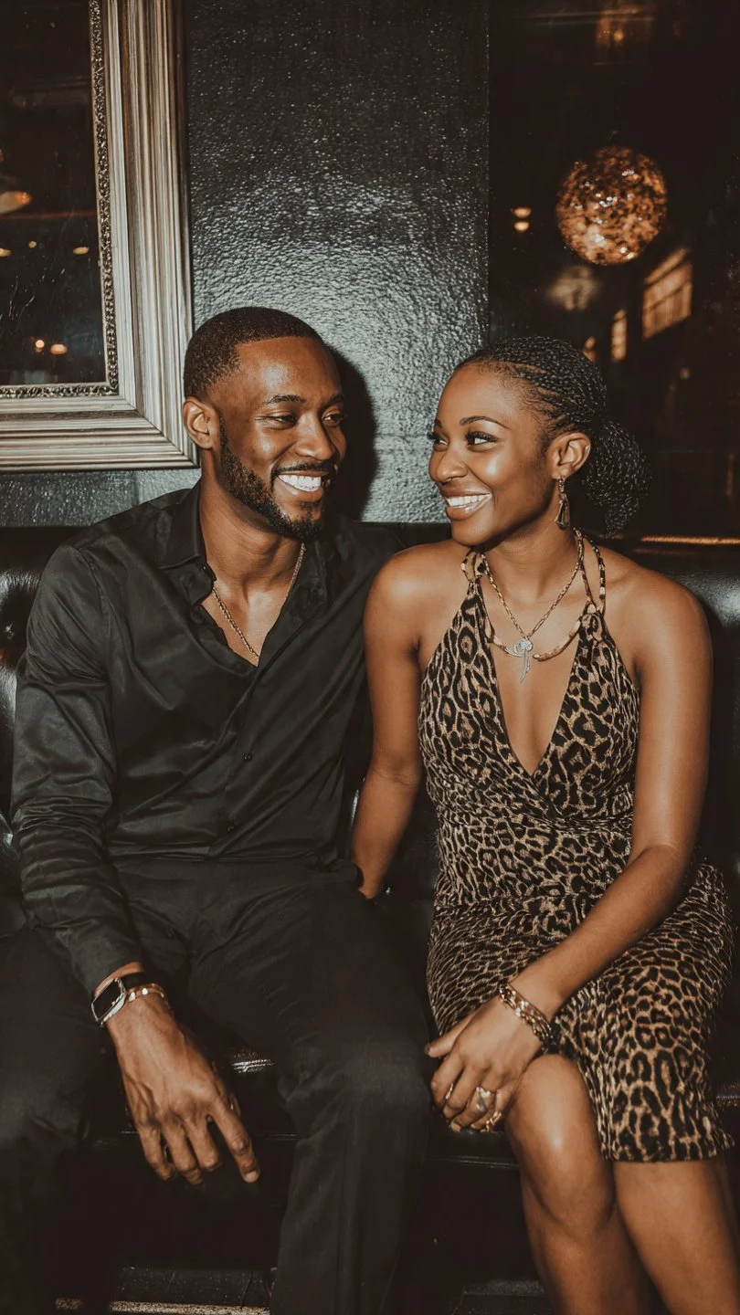 A smiling man and woman sitting together in a dimly lit setting, with the woman wearing a leopard print dress and the man wearing a black shirt.