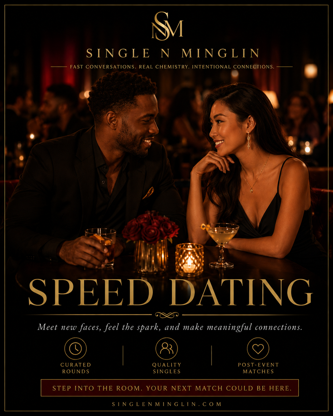 An advertisement for Single N Minglin's speed dating event, featuring a man and woman smiling and talking in a dimly lit restaurant or bar, with candles and flowers on the table.