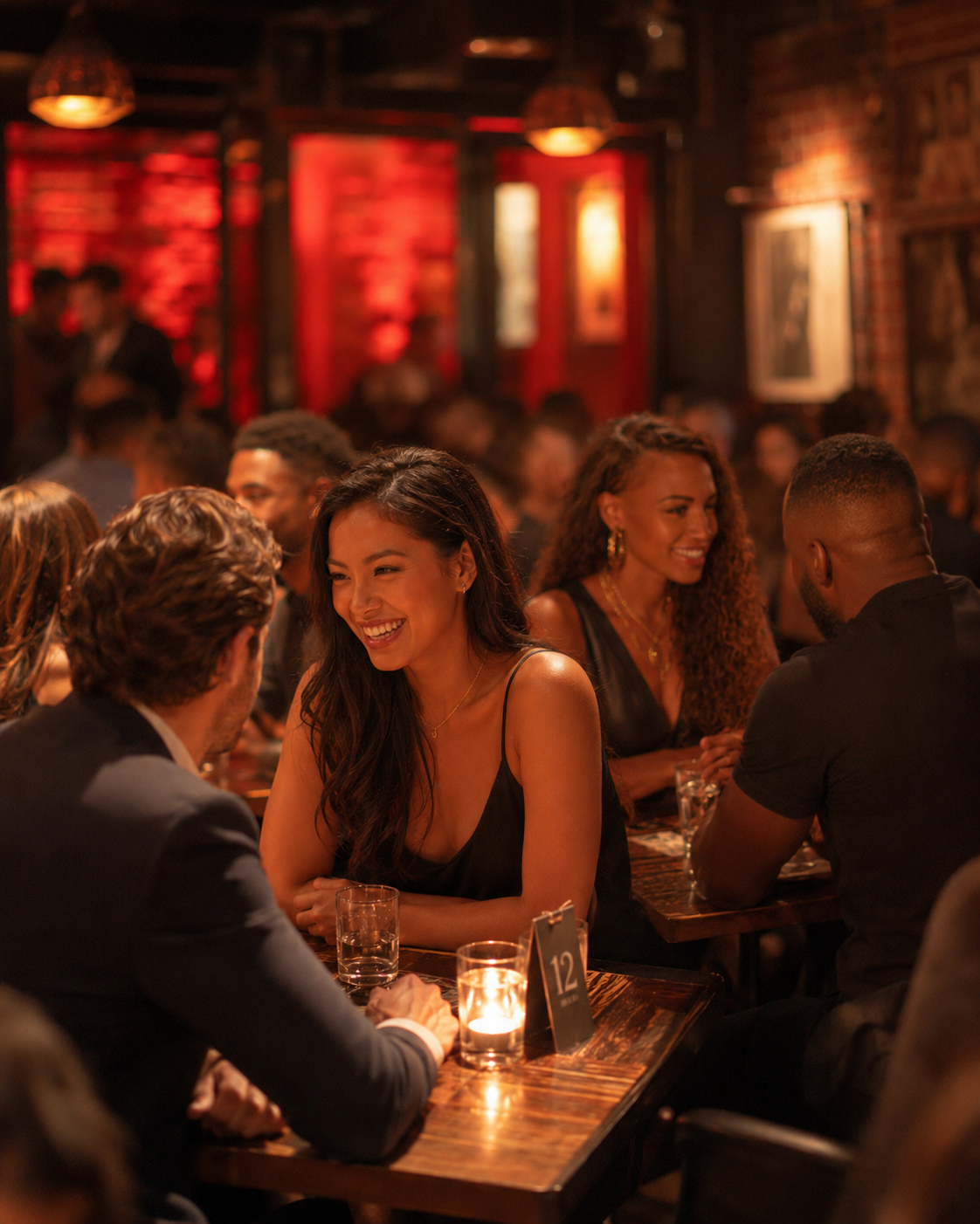 People dressed in formal attire sitting at a wooden table in a dimly lit bar or restaurant, engaging in conversation and smiling.