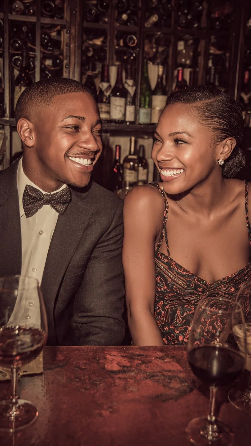 A smiling man in a tuxedo and a woman in a dress sit at a table in a wine cellar or bar, enjoying each other's company.
