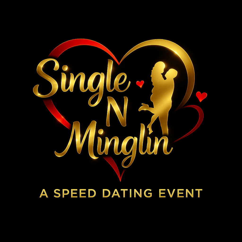 Digital graphic promoting a speed dating event titled 'Single N Minglin,' featuring a silhouette of a couple kissing inside a heart, with red and gold accents and smaller red hearts.