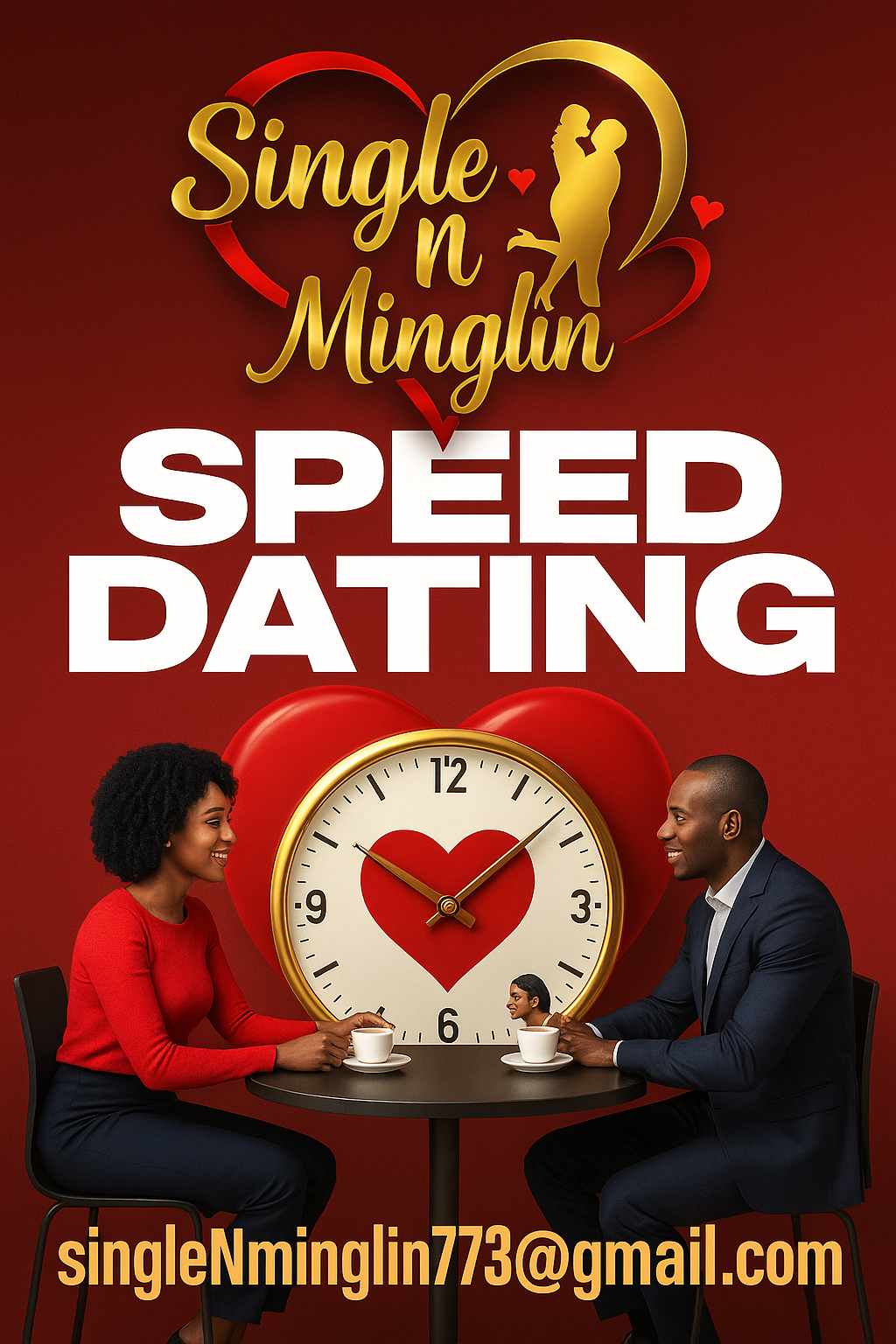 Advertisement for speed dating, features a man and woman sitting at a table with cups, a clock with a heart in the center, and the text 'Single n Minglin Speed Dating' with contact email singleNminglin773@gmail.com.