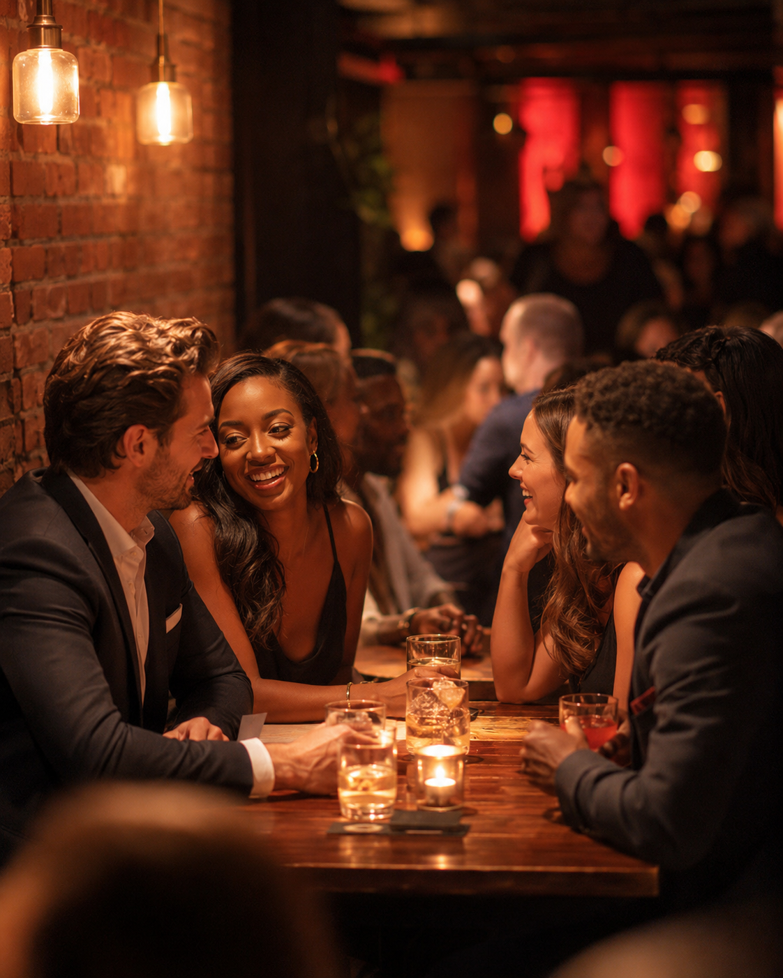 People socializing and chatting at a bar or restaurant with dim warm lighting, exposed brick wall, and candles on the table.