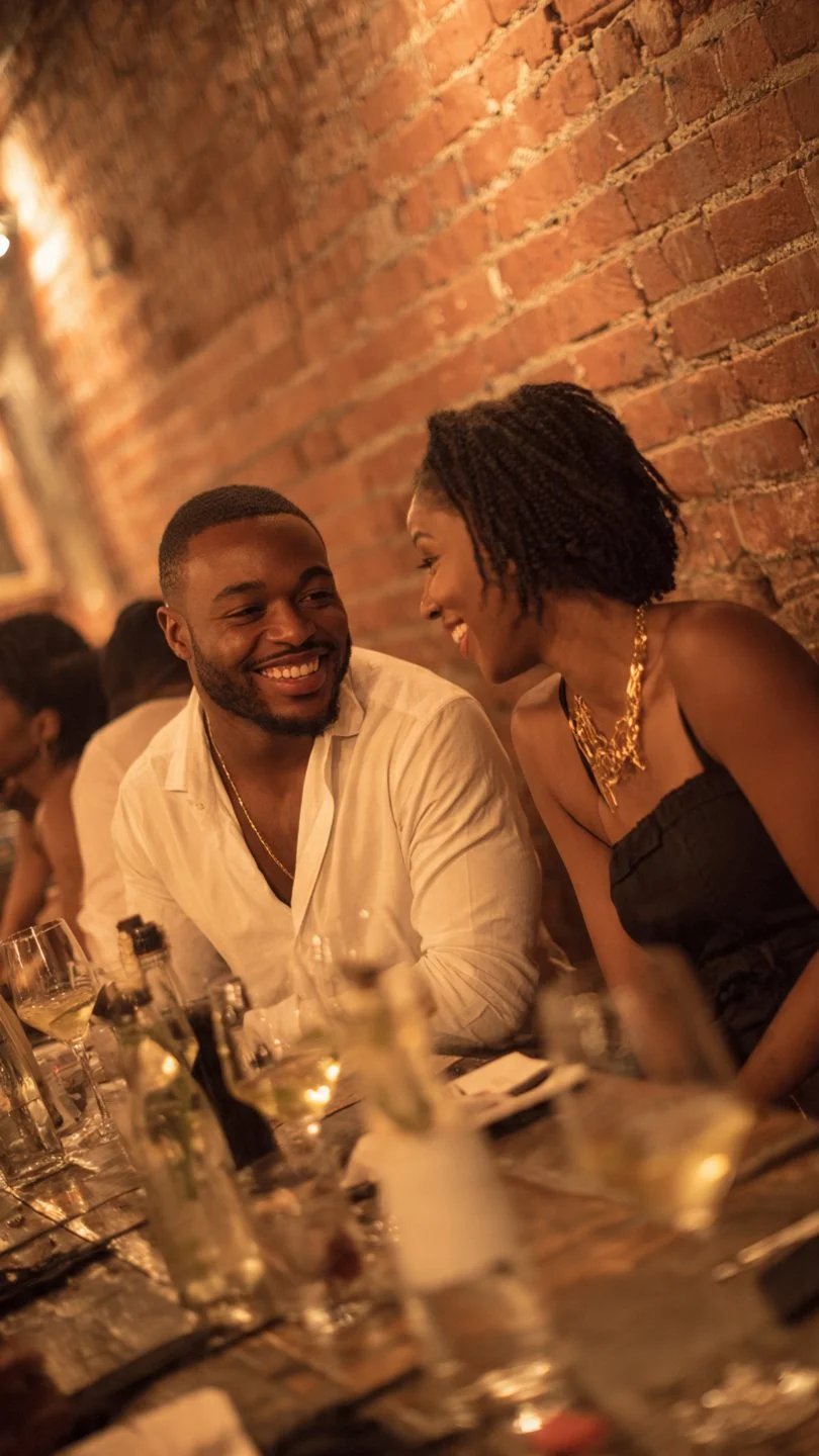 A man and woman smiling and enjoying conversation at a dinner table in a cozy, dimly lit restaurant with an exposed brick wall background.
