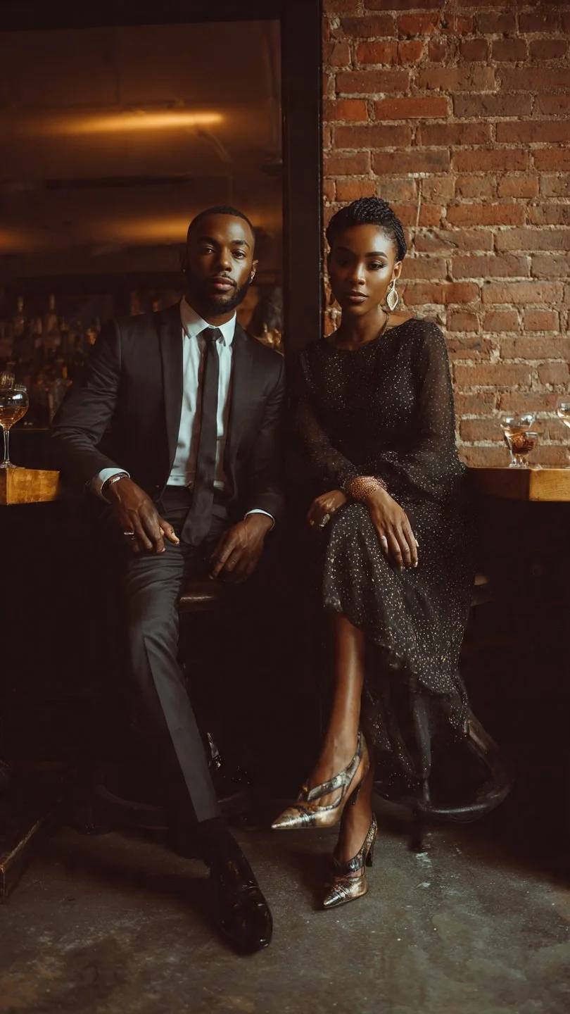 A man and woman dressed elegantly in black seated at a bar with a brick wall background, drinks on the bar counter.