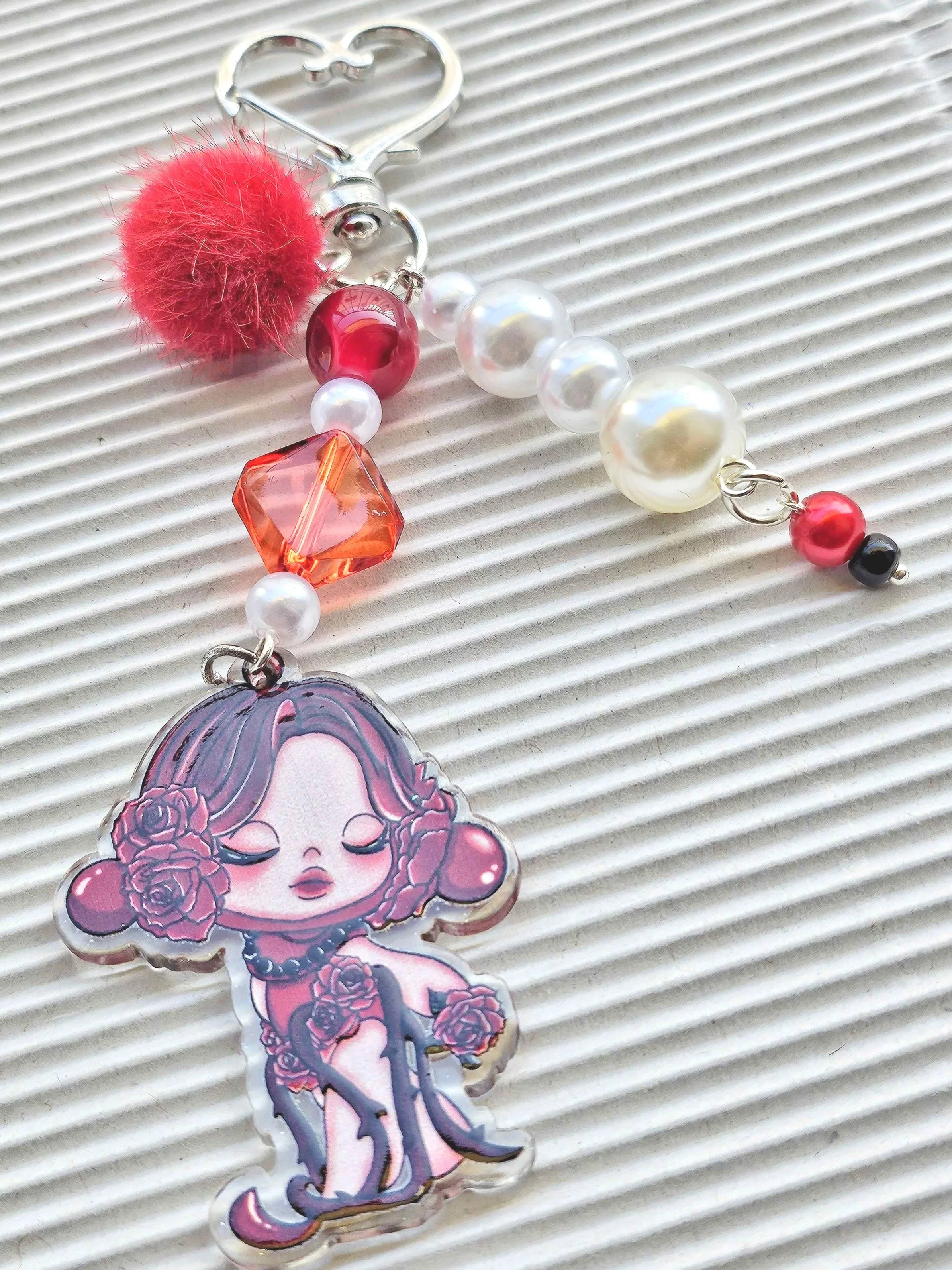 The Valentines Day Thorn Rose Skull Panda Rose Valentine–Inspired Beaded Bag Clip / Case Charm – Handmade Kawaii Gothic Accessory