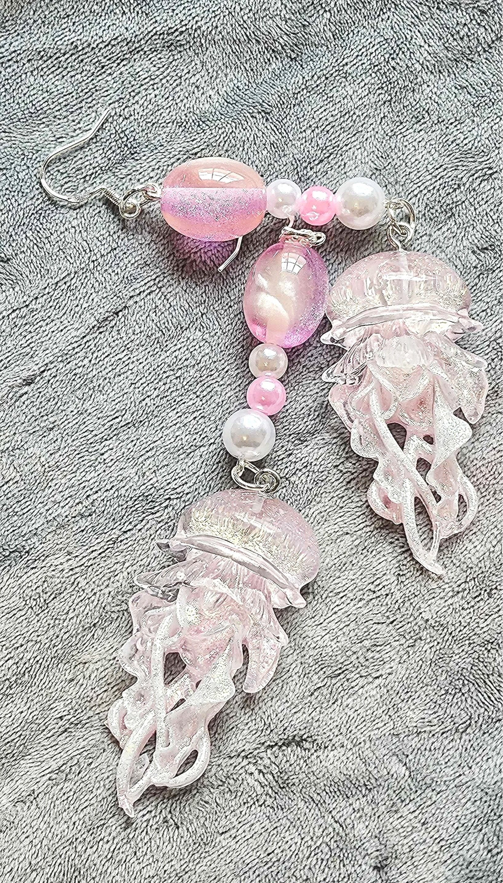 Ocean Jasper Jellyfish Earrings – Iridescent Pink Opal Pastel Ocean Fantasy Dangle Jewelry