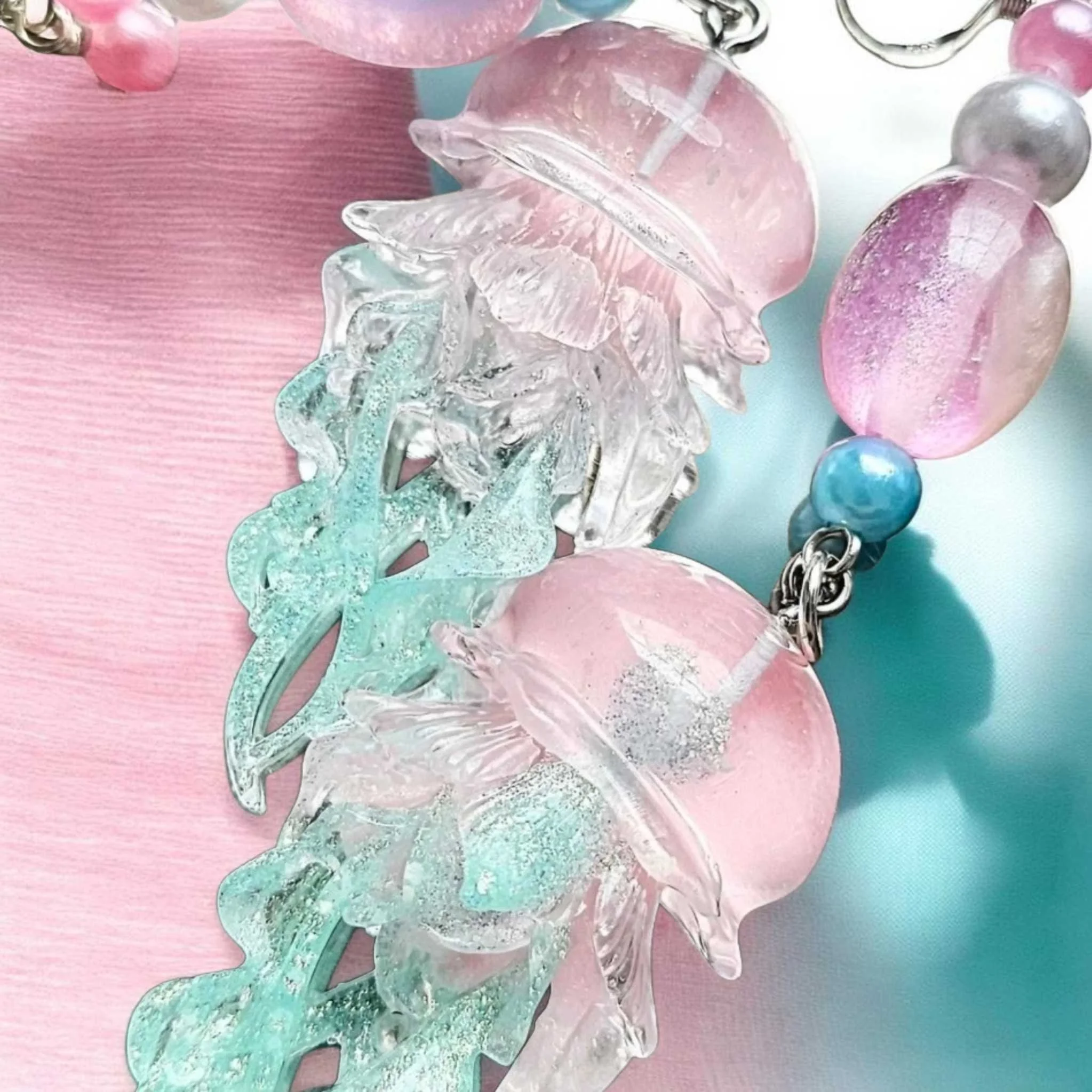 Tourmaline Cotton Candy Tide Jellyfish Earrings – Pastel Pink & Aqua Iridescent Oceancore Fantasy Jewelry