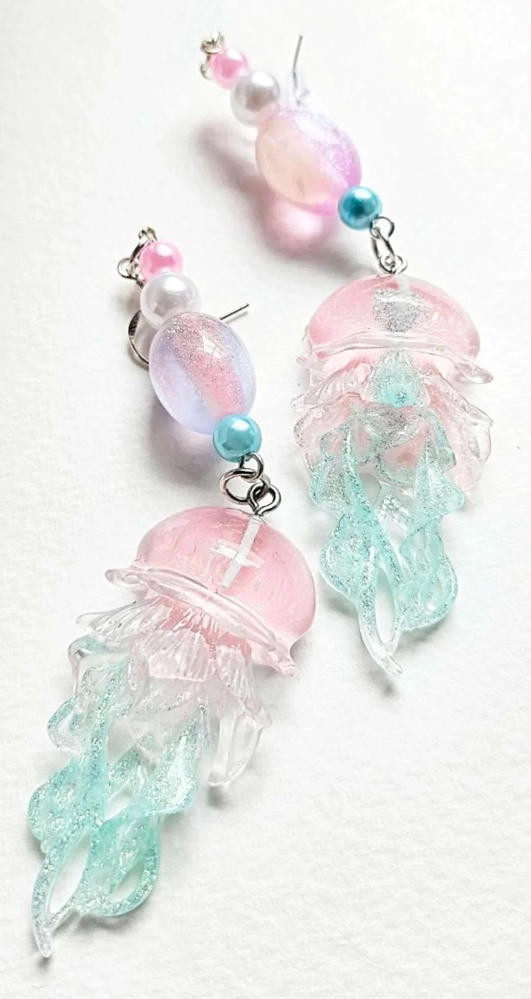 Tourmaline Cotton Candy Tide Jellyfish Earrings – Pastel Pink & Aqua Iridescent Oceancore Fantasy Jewelry