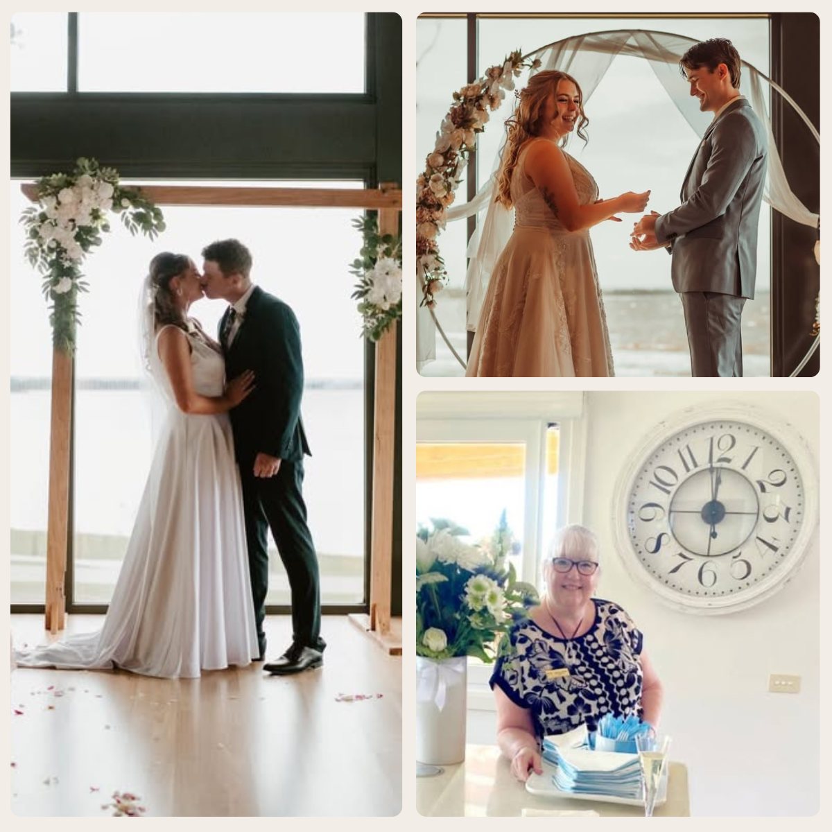 Wedding celebrant conducting a ceremony with couple, arbour and signing table in Gippsland