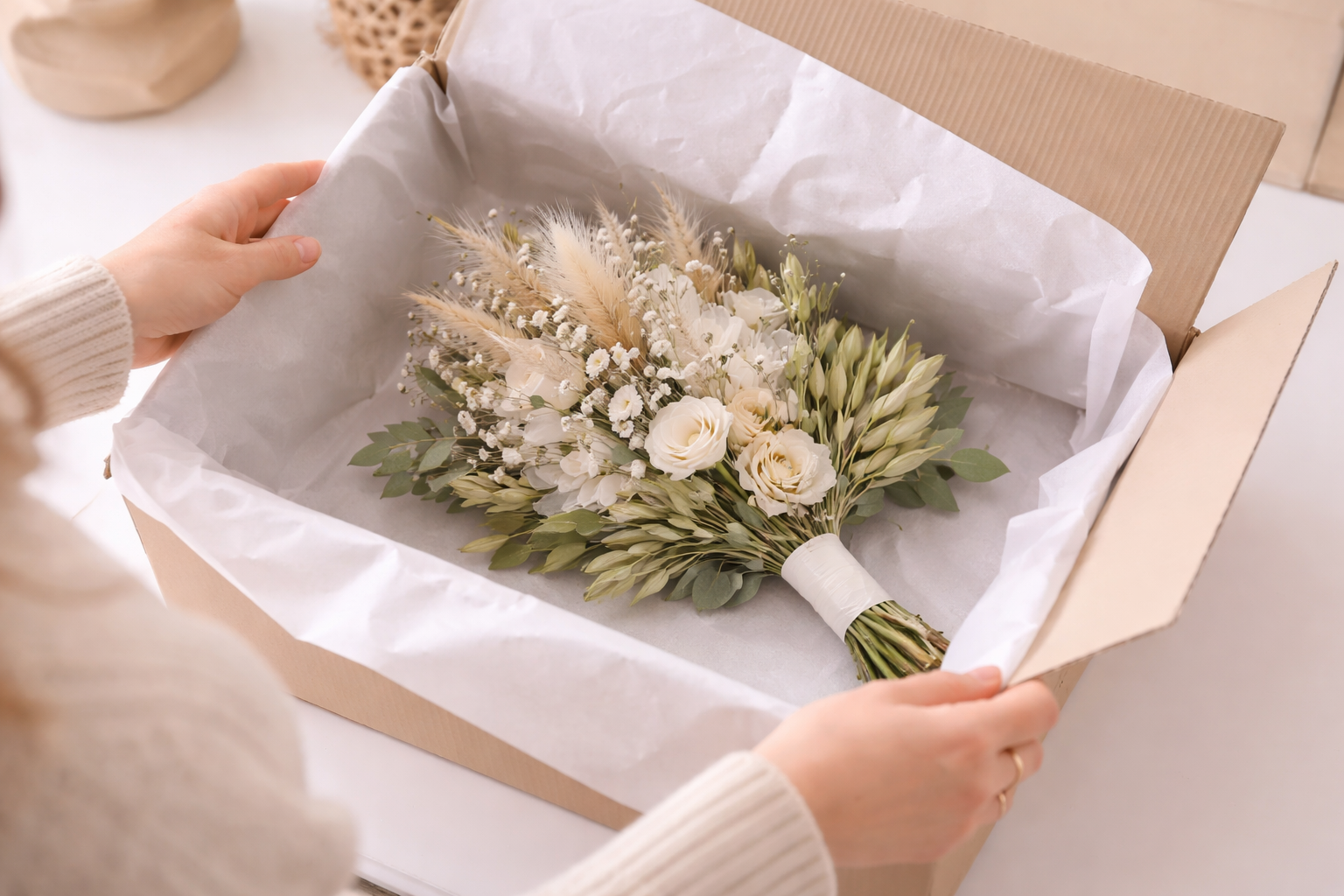 Wedding bouquet arriving at Flower Fixation studio for preservation