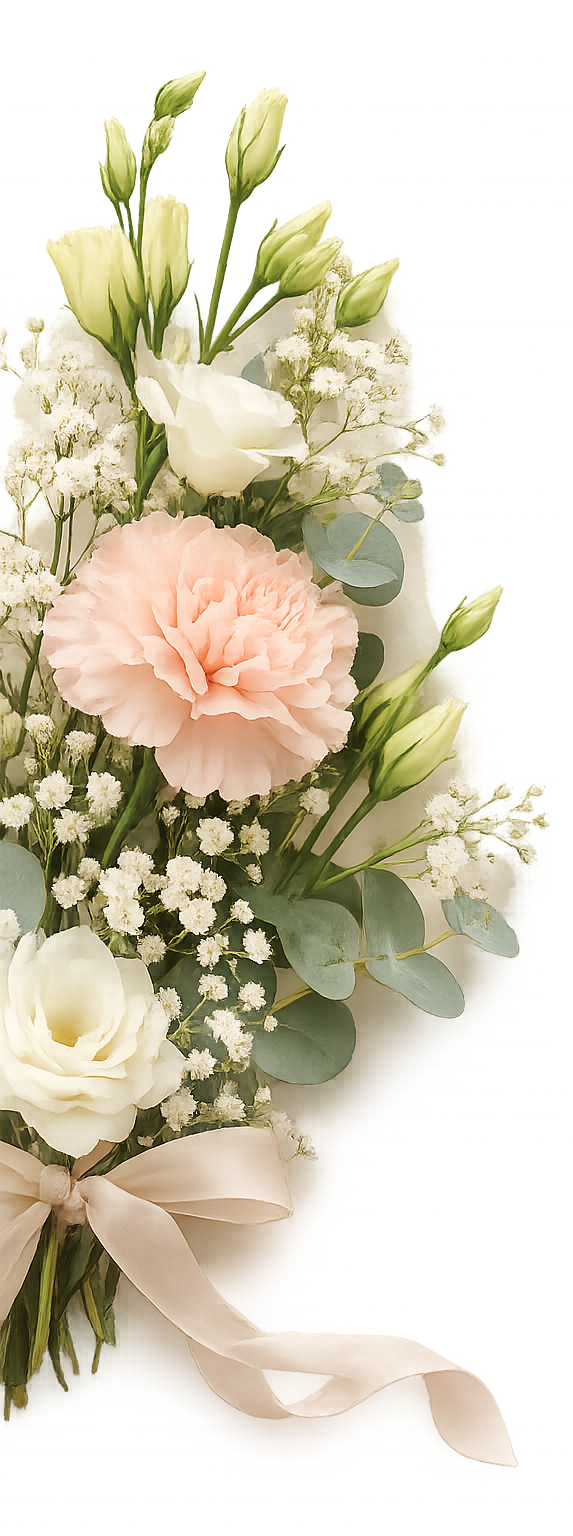Soft pastel floral arrangement with ribbon decorative side graphic