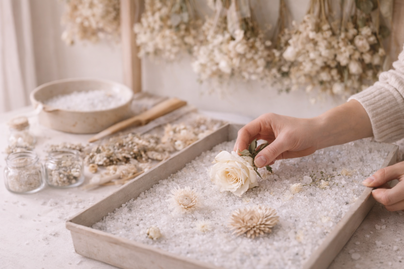 Professional wedding flower preservation process in Drouin studio