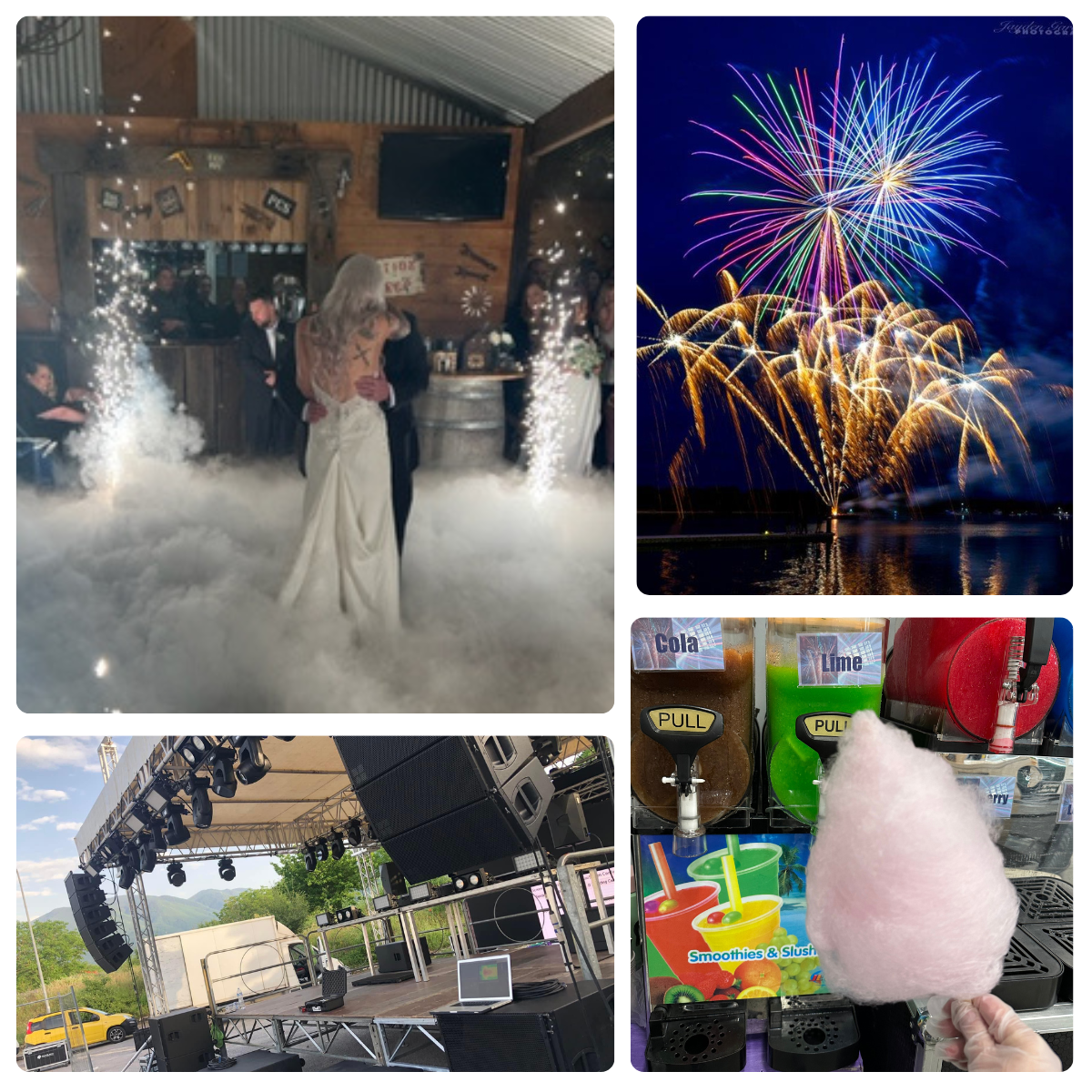 A wedding dance floor with a couple dancing surrounded by fog and sparklers, fireworks in the night sky over water, an outdoor stage with audio equipment, and colorful slushie drinks with cotton candy at a vendor stand.