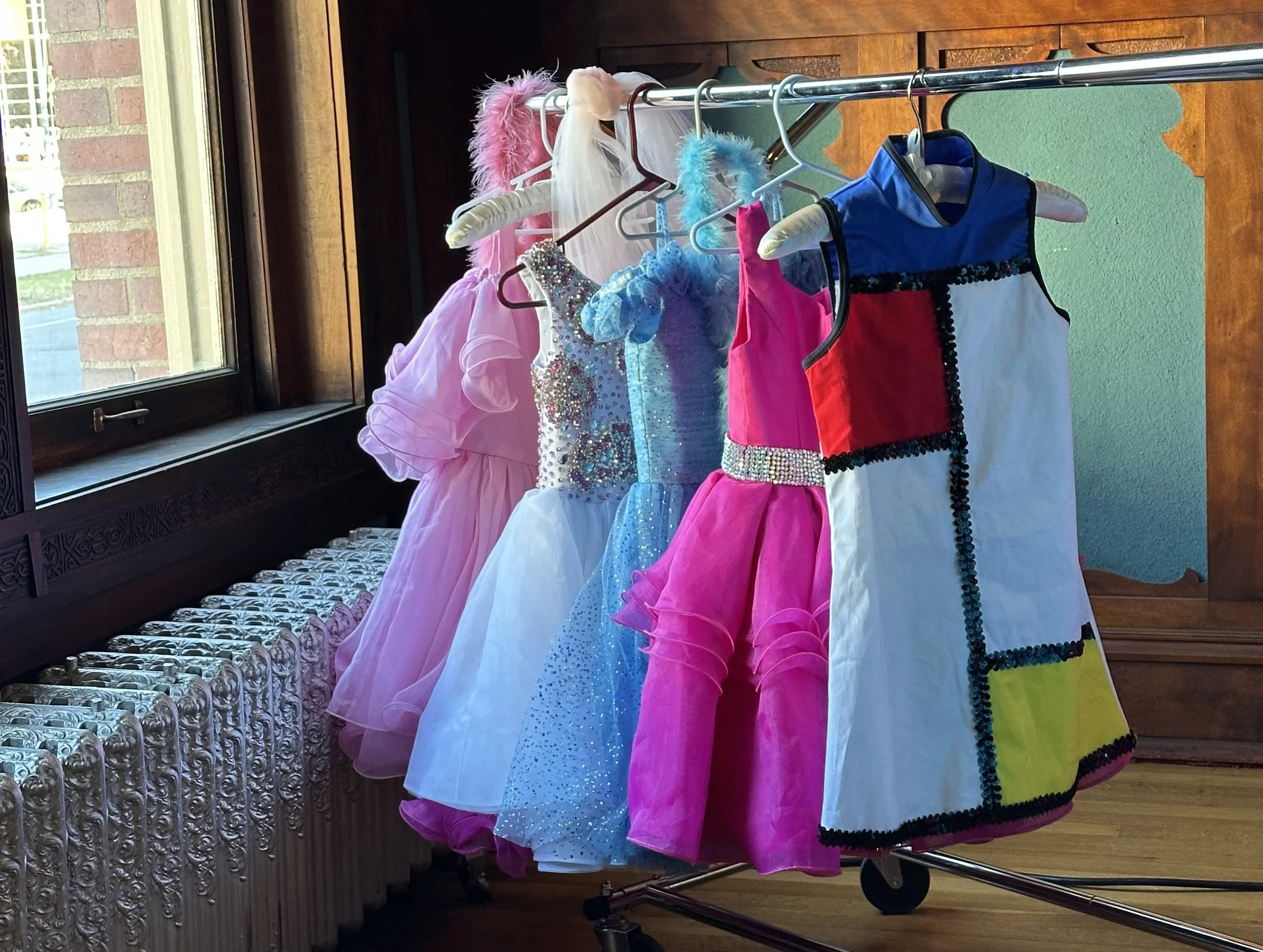 A clothing rack with various colorful dress-up costumes including pink, blue, white, and black garments, near a window with a brick wall outside.